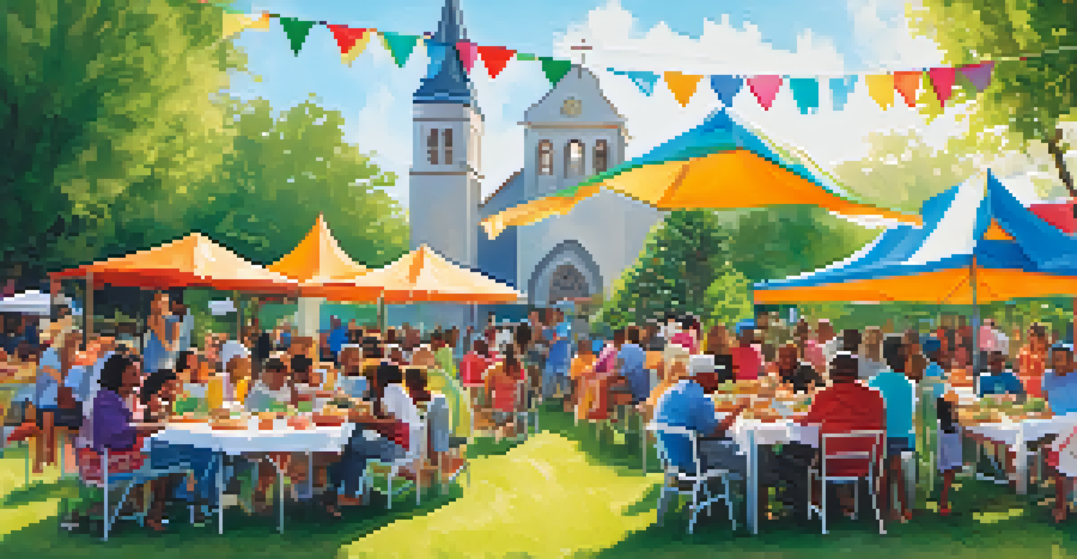 A lively outdoor community event with people sharing food and stories against a backdrop of greenery.