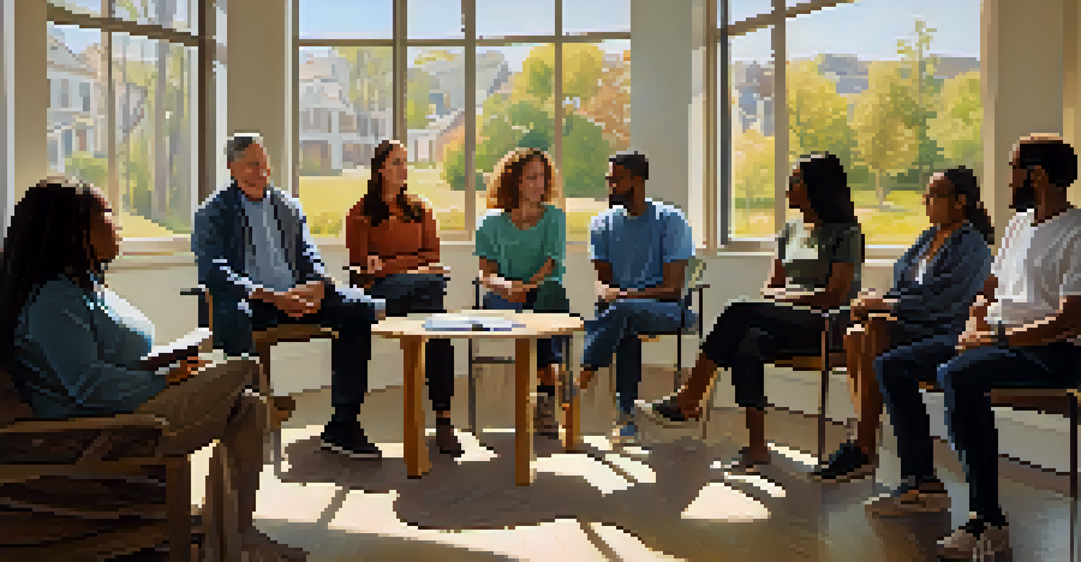 A diverse group of individuals in a support group meeting, sharing and listening to each other.
