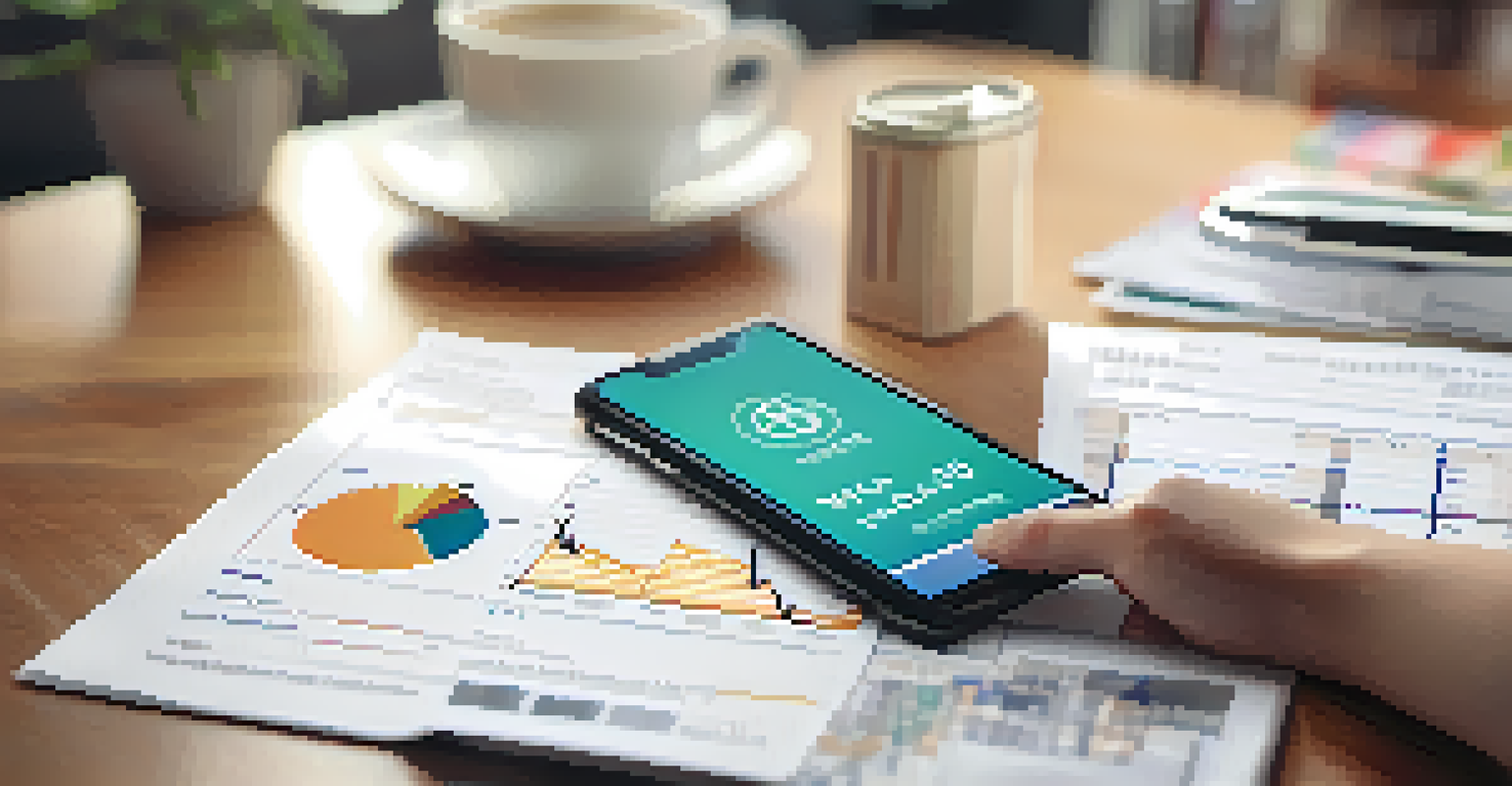 A hand holding a smartphone with a budgeting app showing savings growth, amidst a cluttered desk.