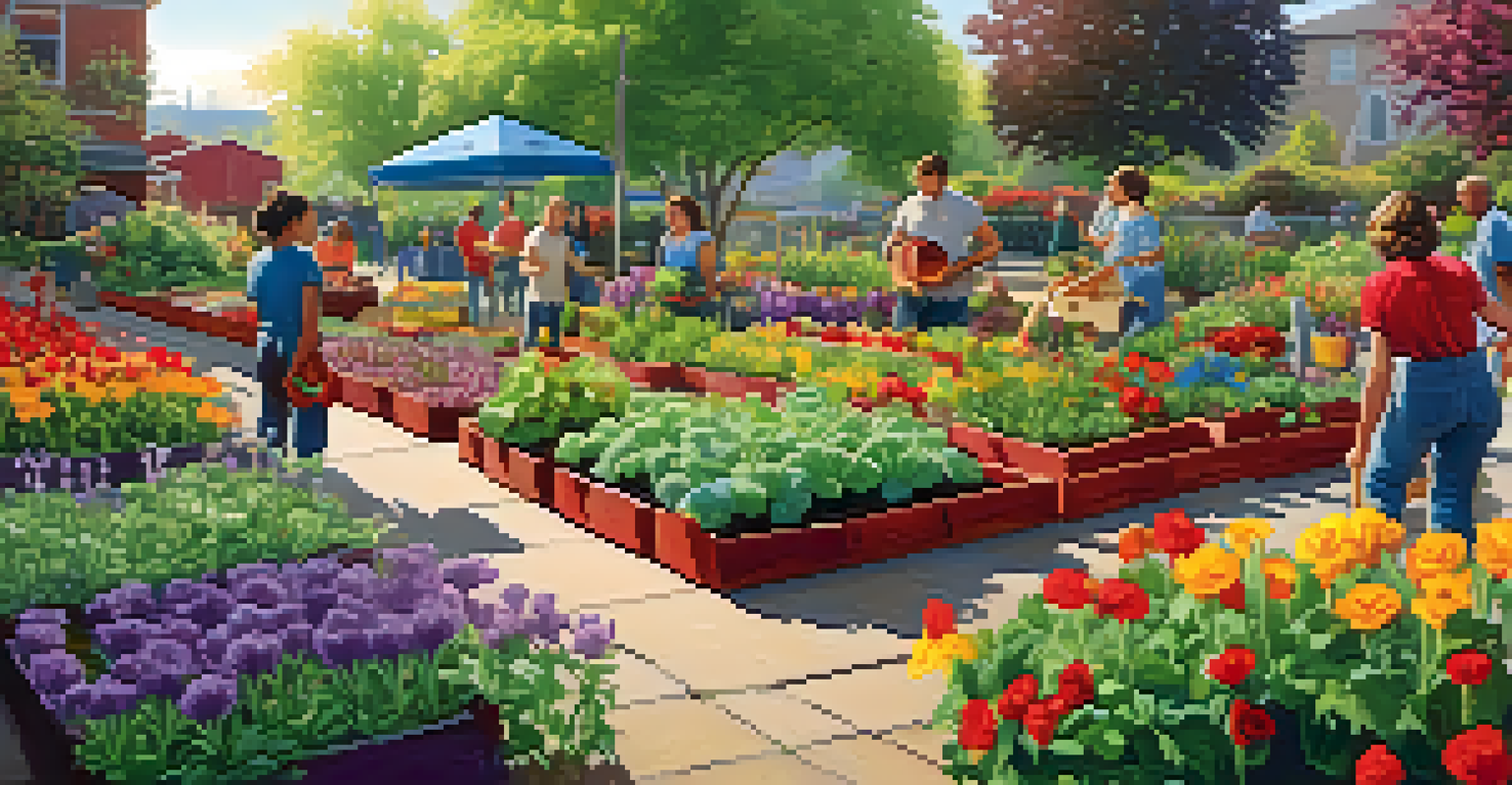 A community garden with people planting flowers and vegetables in a colorful outdoor setting.