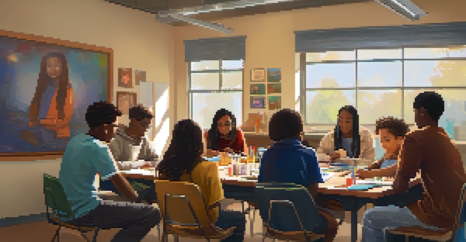 A mentor engaging with teenagers in a cozy classroom, surrounded by art supplies and project materials.