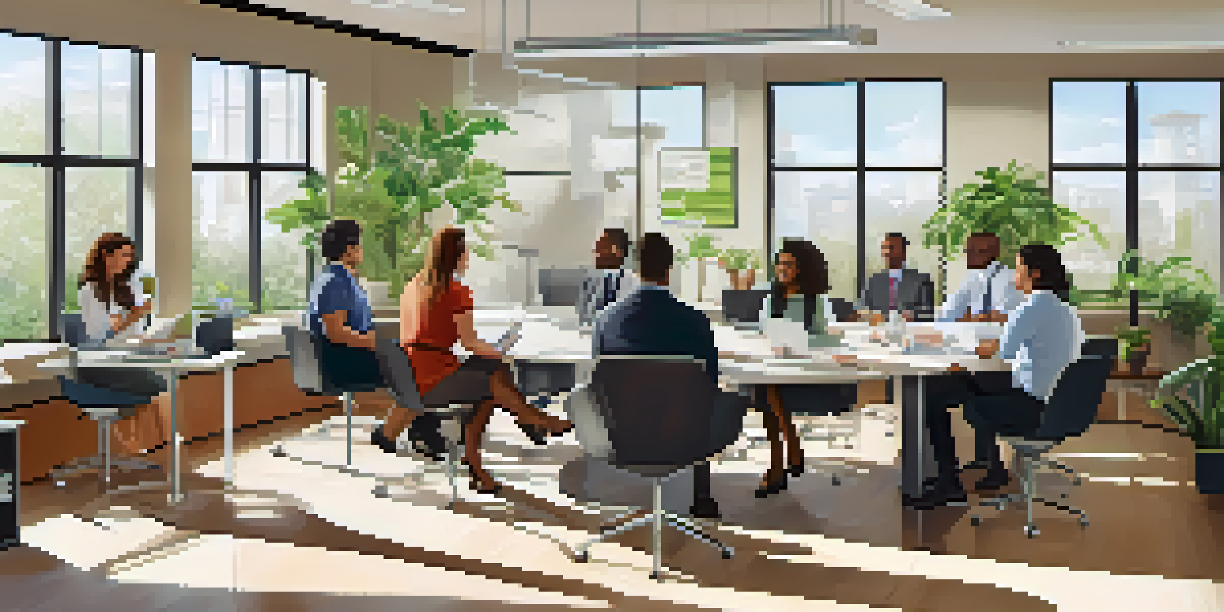 A diverse group of employees having a supportive discussion in a bright office setting, emphasizing teamwork and understanding.