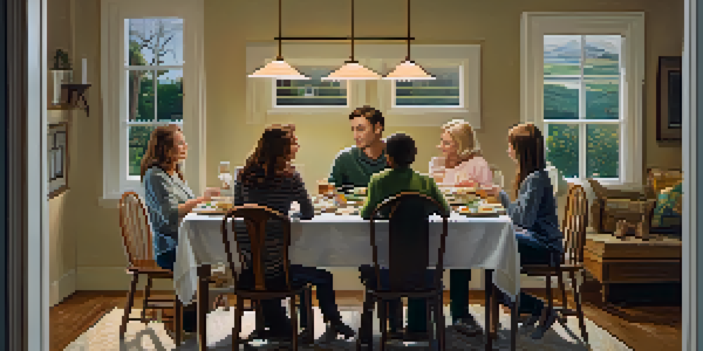 A tense family gathering at a dining table, showcasing emotional disconnect with worried expressions, surrounded by a cozy home environment.