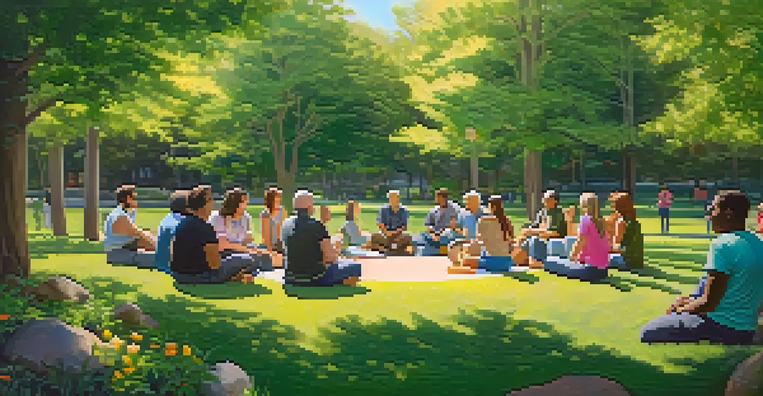 A group of people in a circle at a park, participating in a peer support meeting, surrounded by nature.