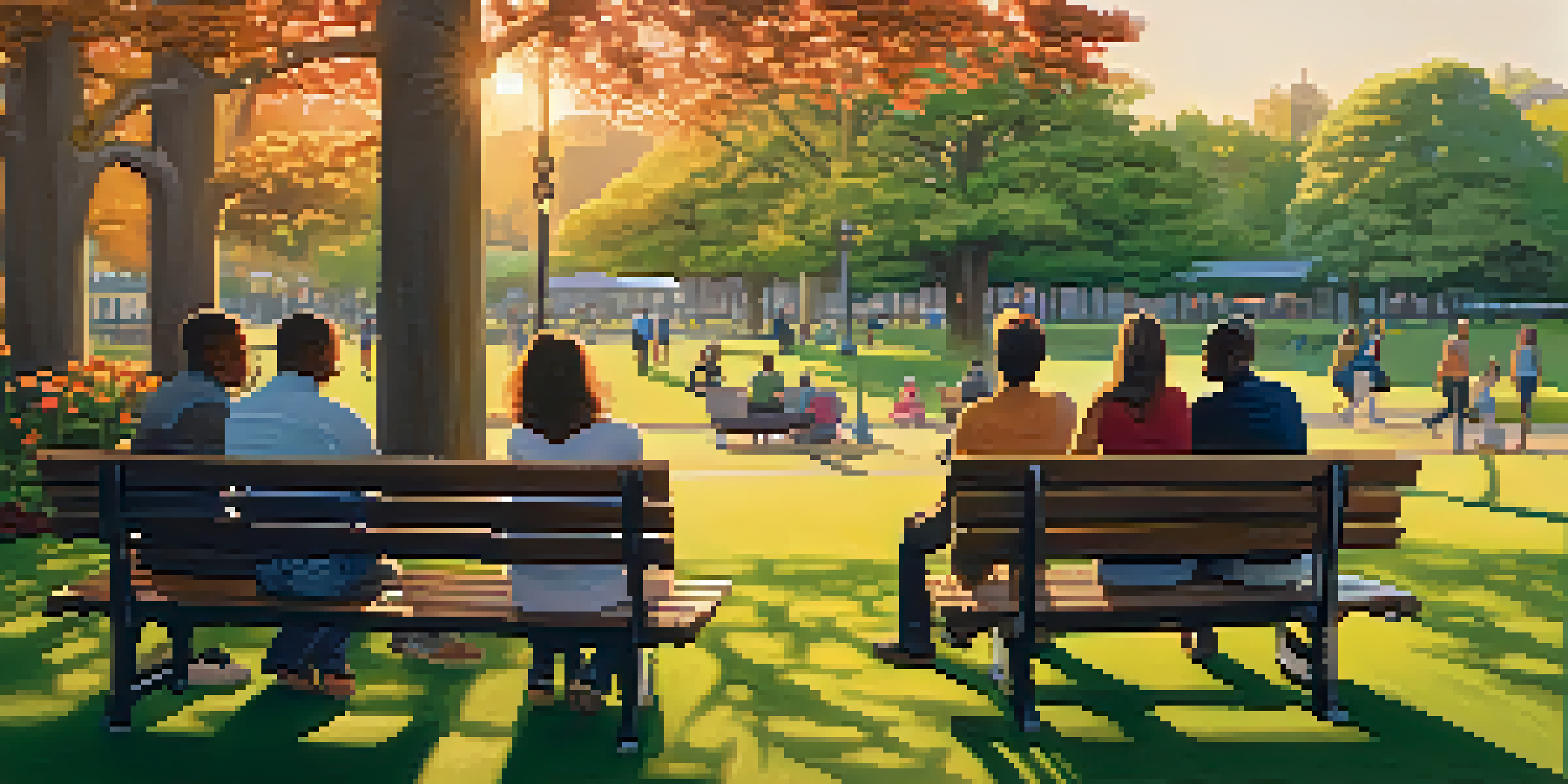 A peaceful park at sunset with diverse individuals conversing on benches, surrounded by greenery and colorful flowers.