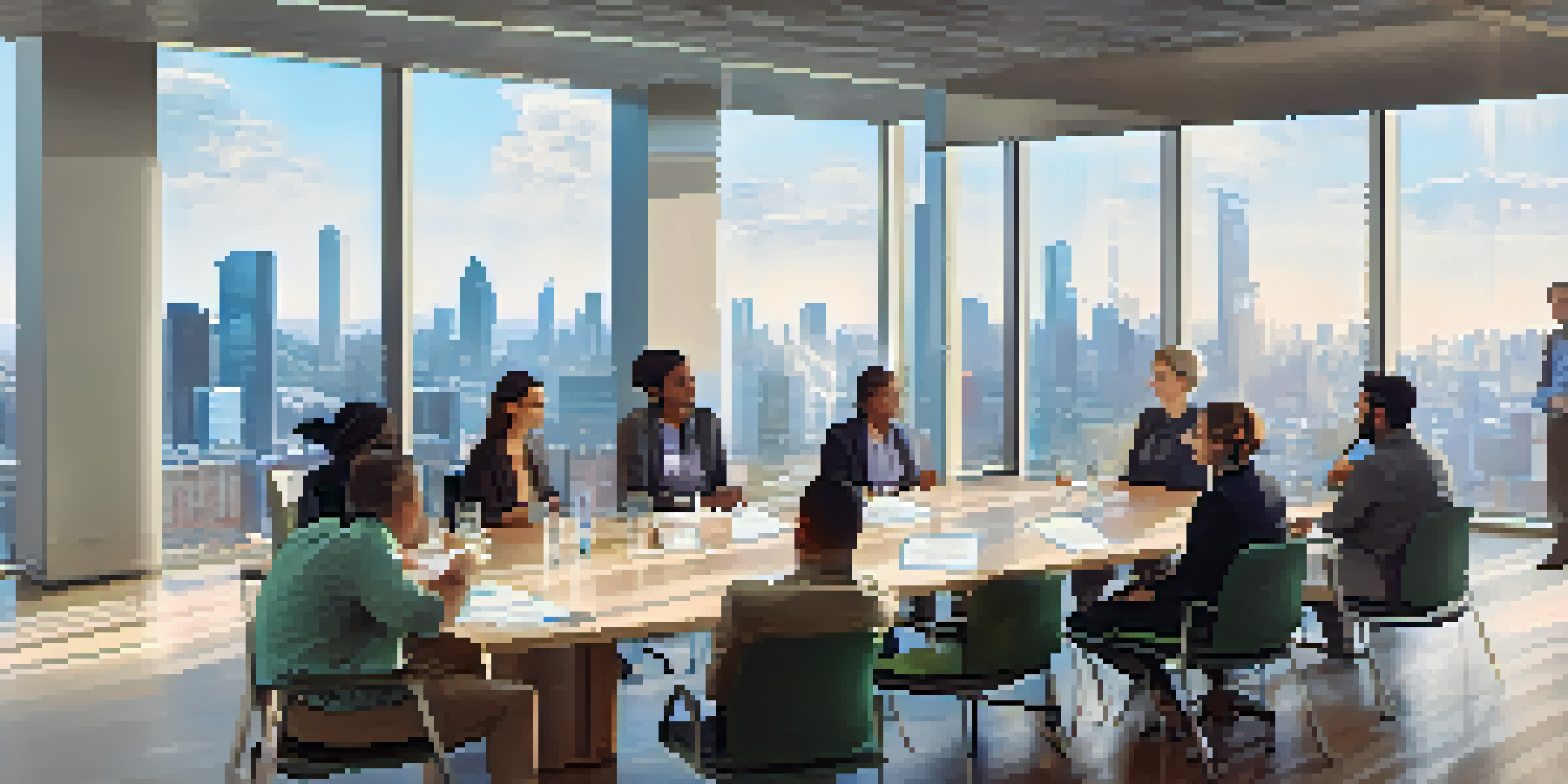 A diverse group of people engaging in a discussion on addiction support in a well-lit conference room with city views.