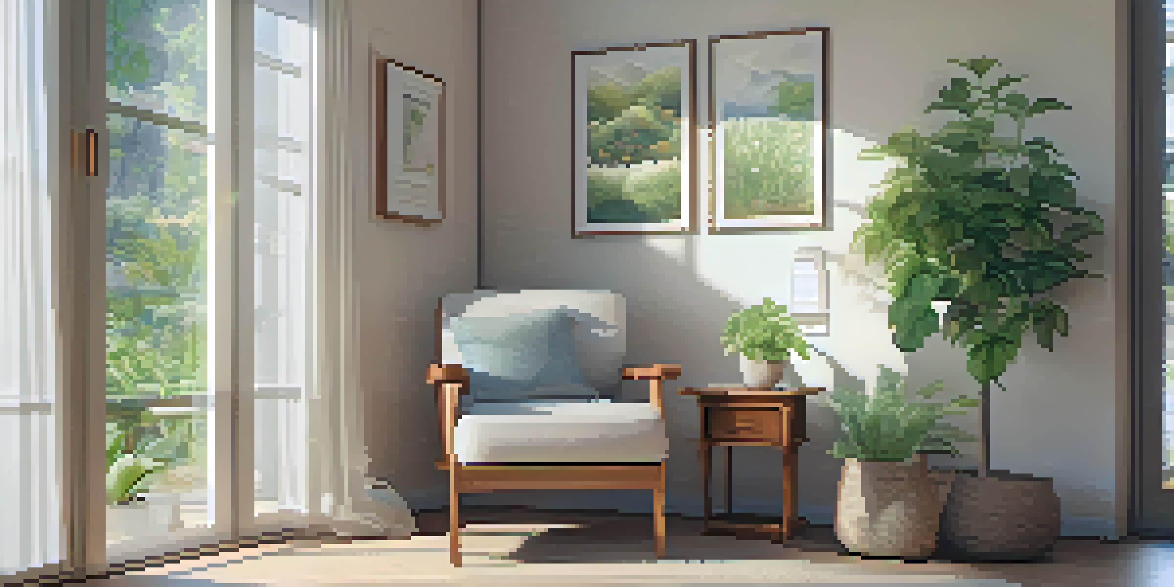 A calming therapy room with natural light, an armchair, a wooden table, a cup of tea, and decorative plants.