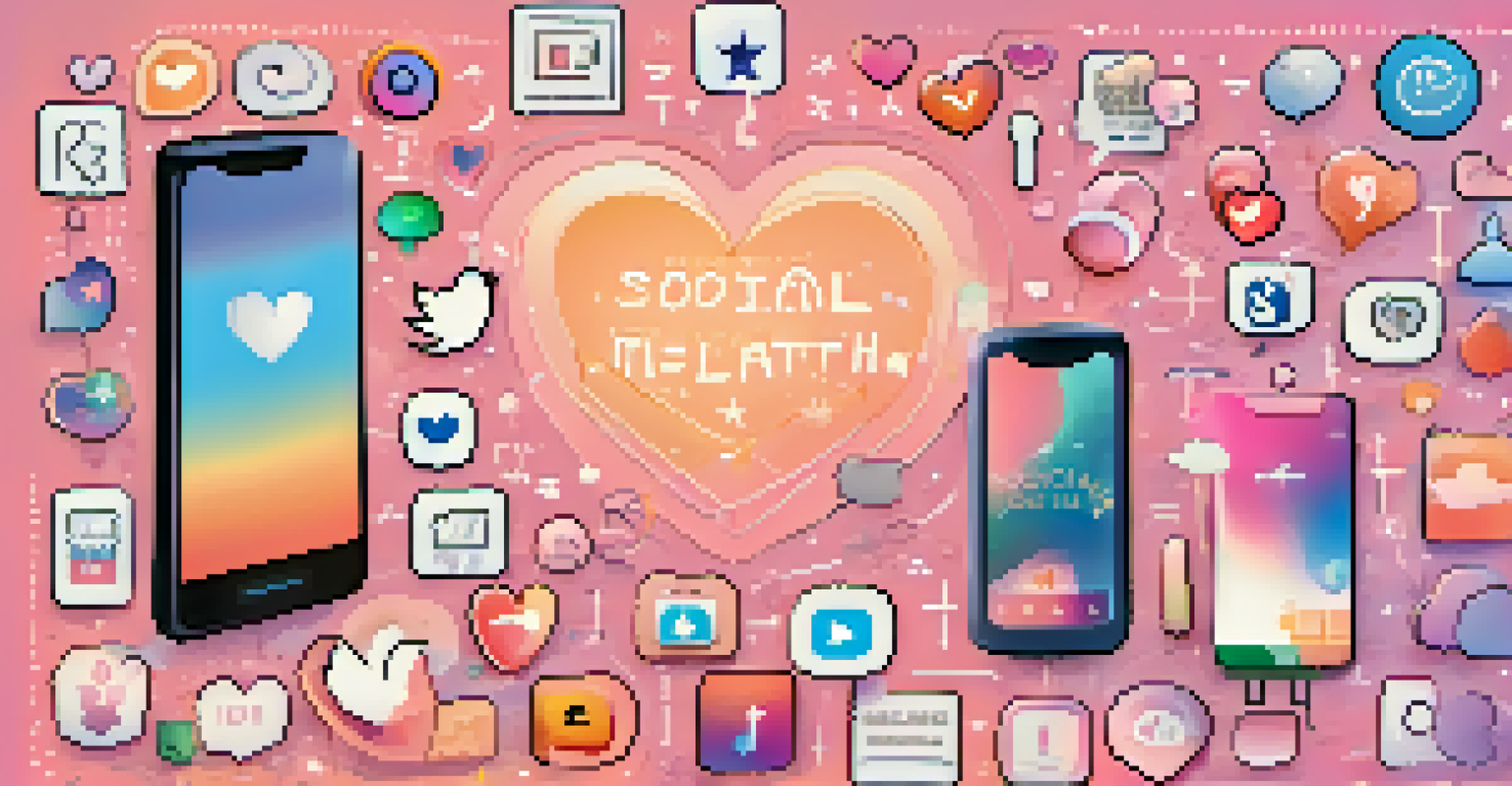 A smartphone screen showing social media icons with positive messages about mental health and substance use prevention against a calming background.