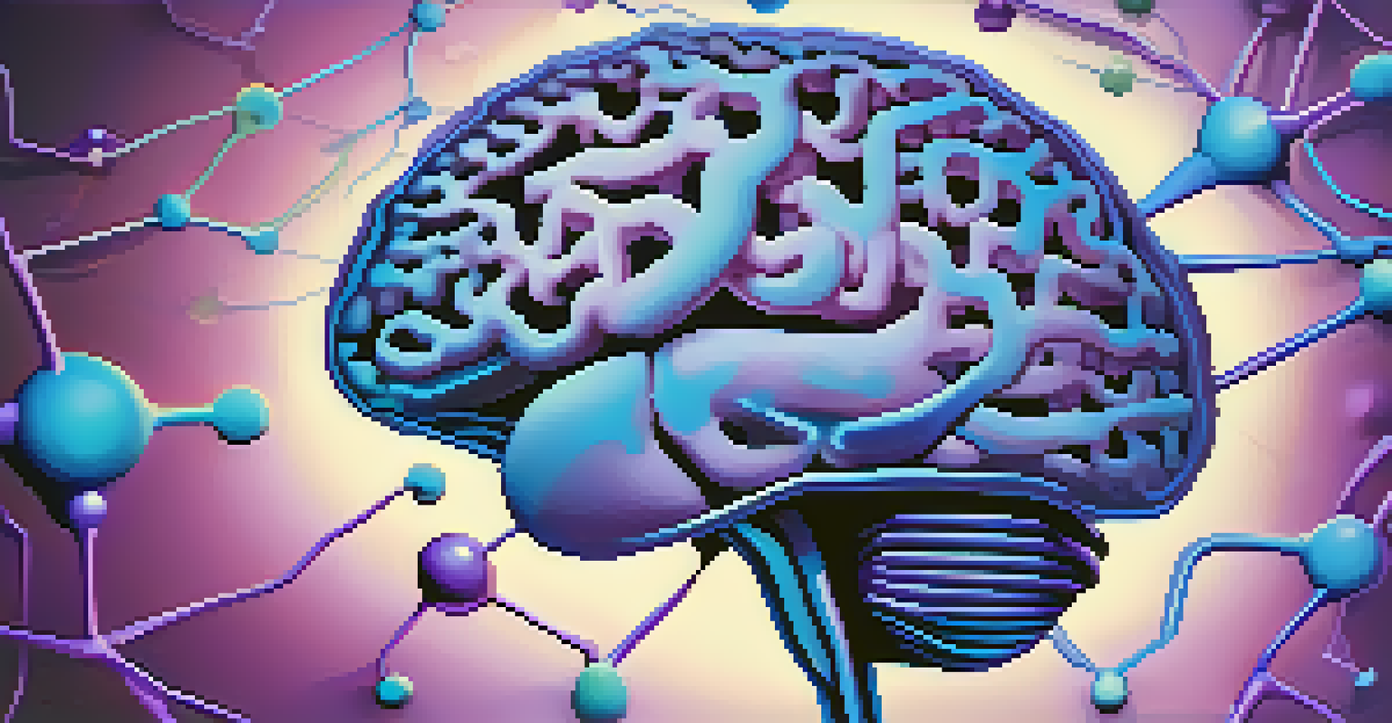 An artistic illustration of a brain with highlighted areas and colorful neural connections on a gradient background.