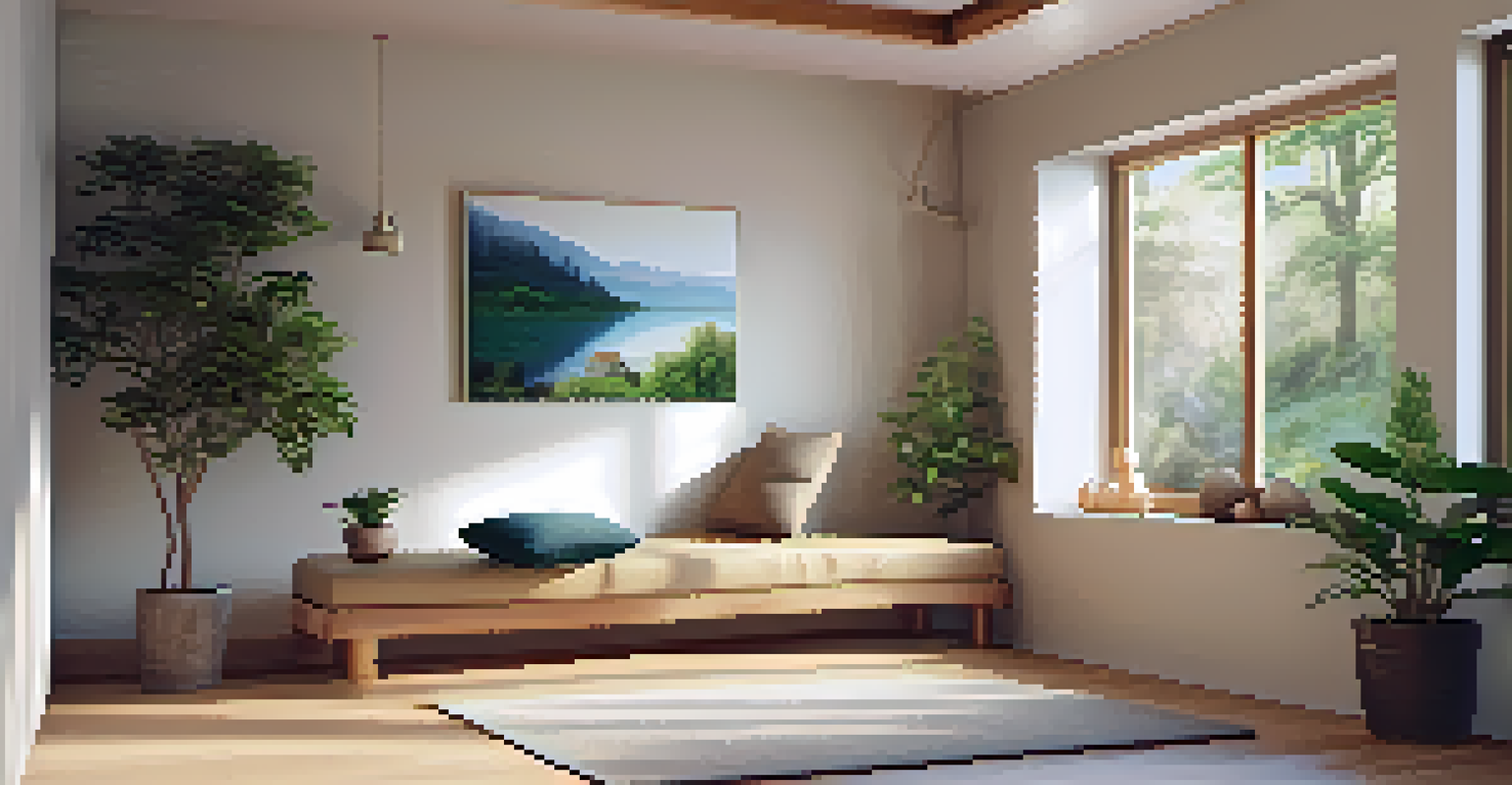 A cozy room with a meditation cushion, soft lighting, and nature-themed artwork creating a calming atmosphere.