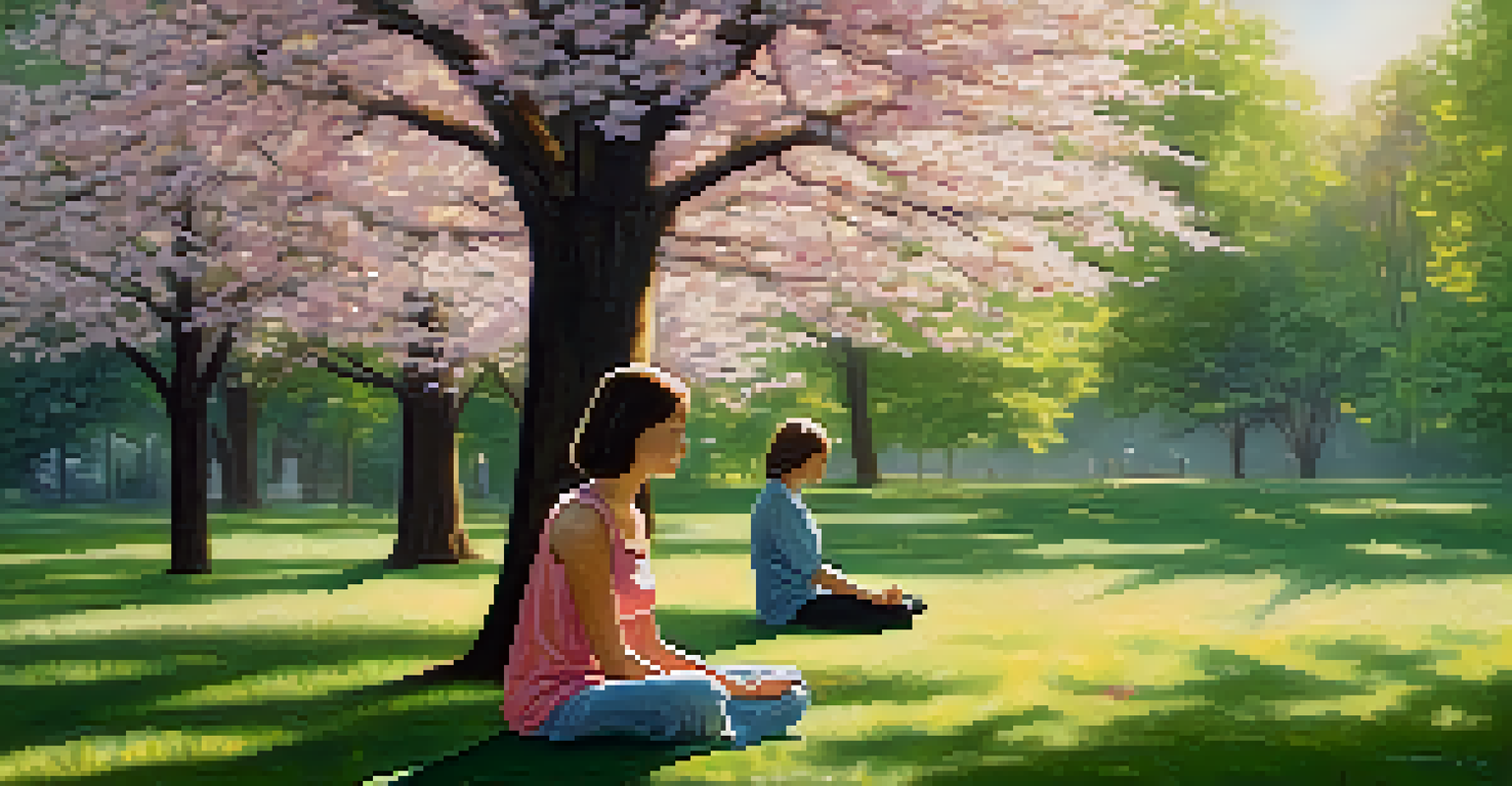 A person meditating in a peaceful park, surrounded by flowers and trees, enjoying the tranquility of nature.