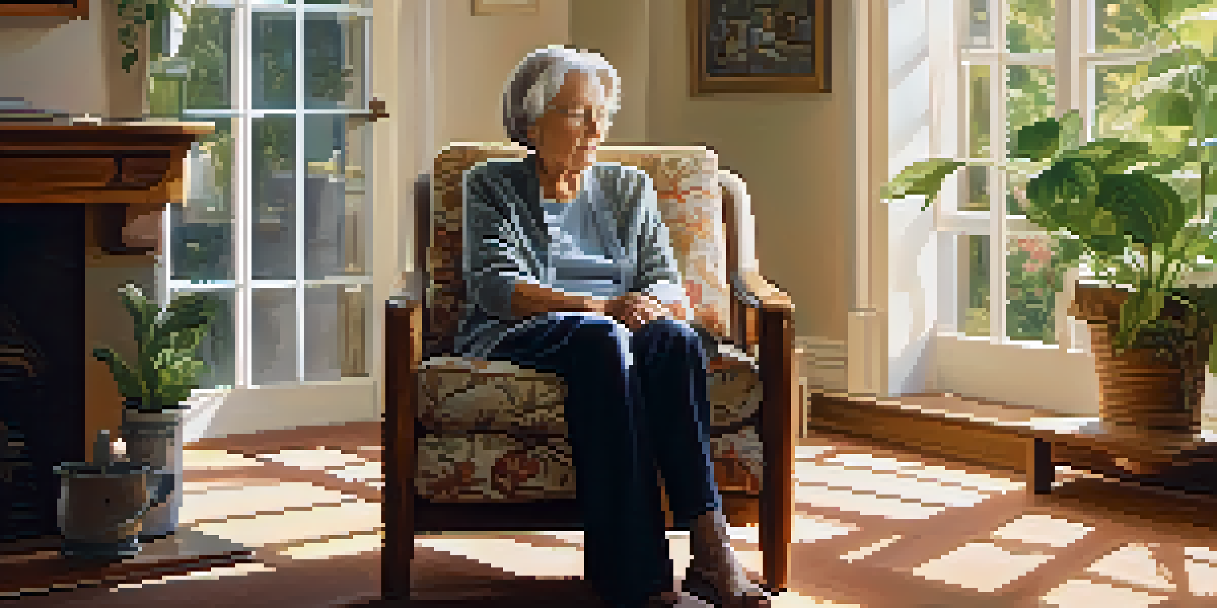 An elderly woman in a cozy living room, sitting in an armchair and looking out of a sunlit window, surrounded by plants and family photos.