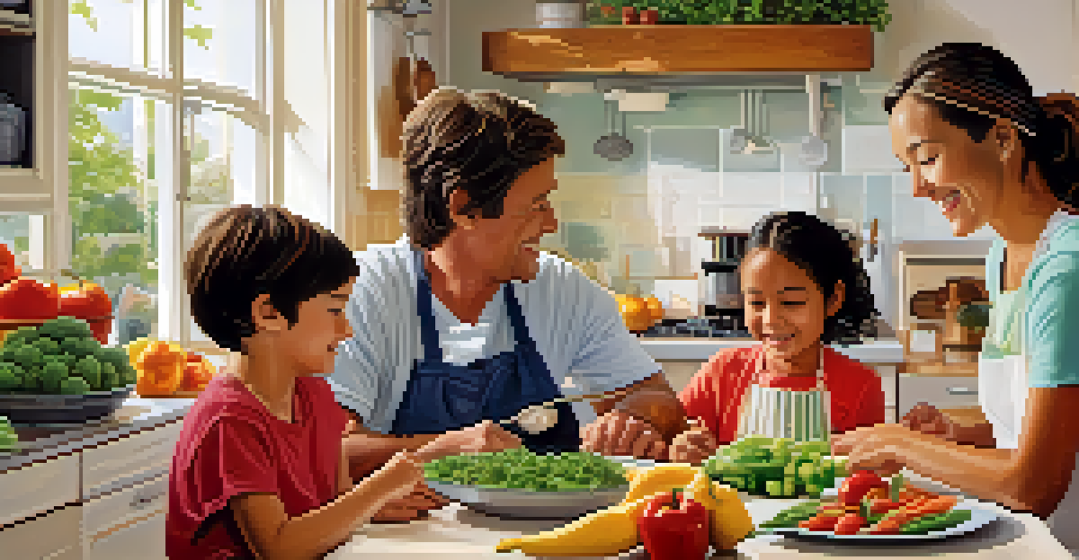 A family cooking together in a bright kitchen, preparing a healthy meal with smiles and teamwork.