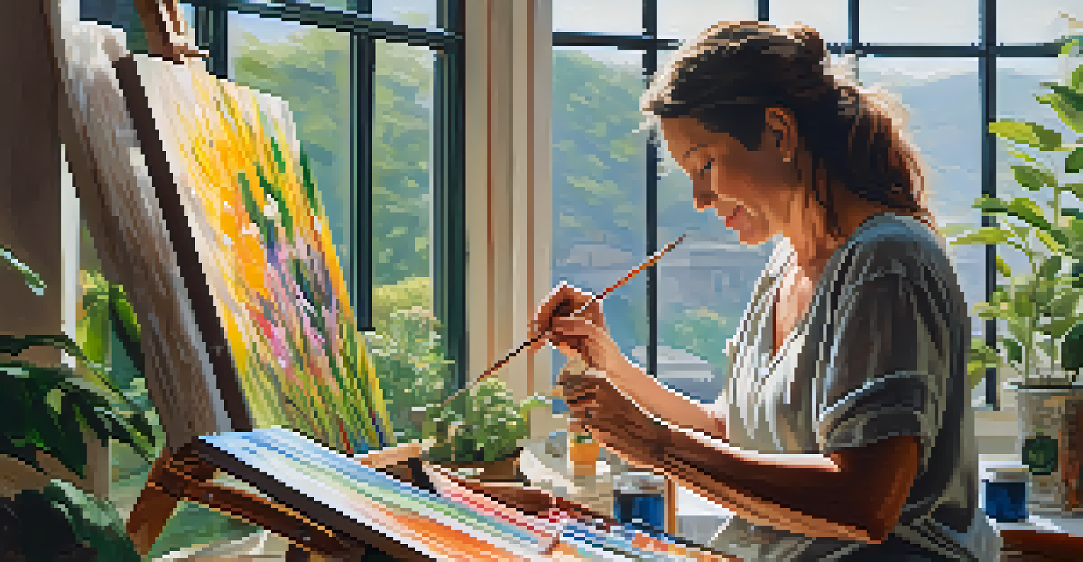 A middle-aged woman painting on a canvas in a bright and cozy studio filled with plants and art supplies.