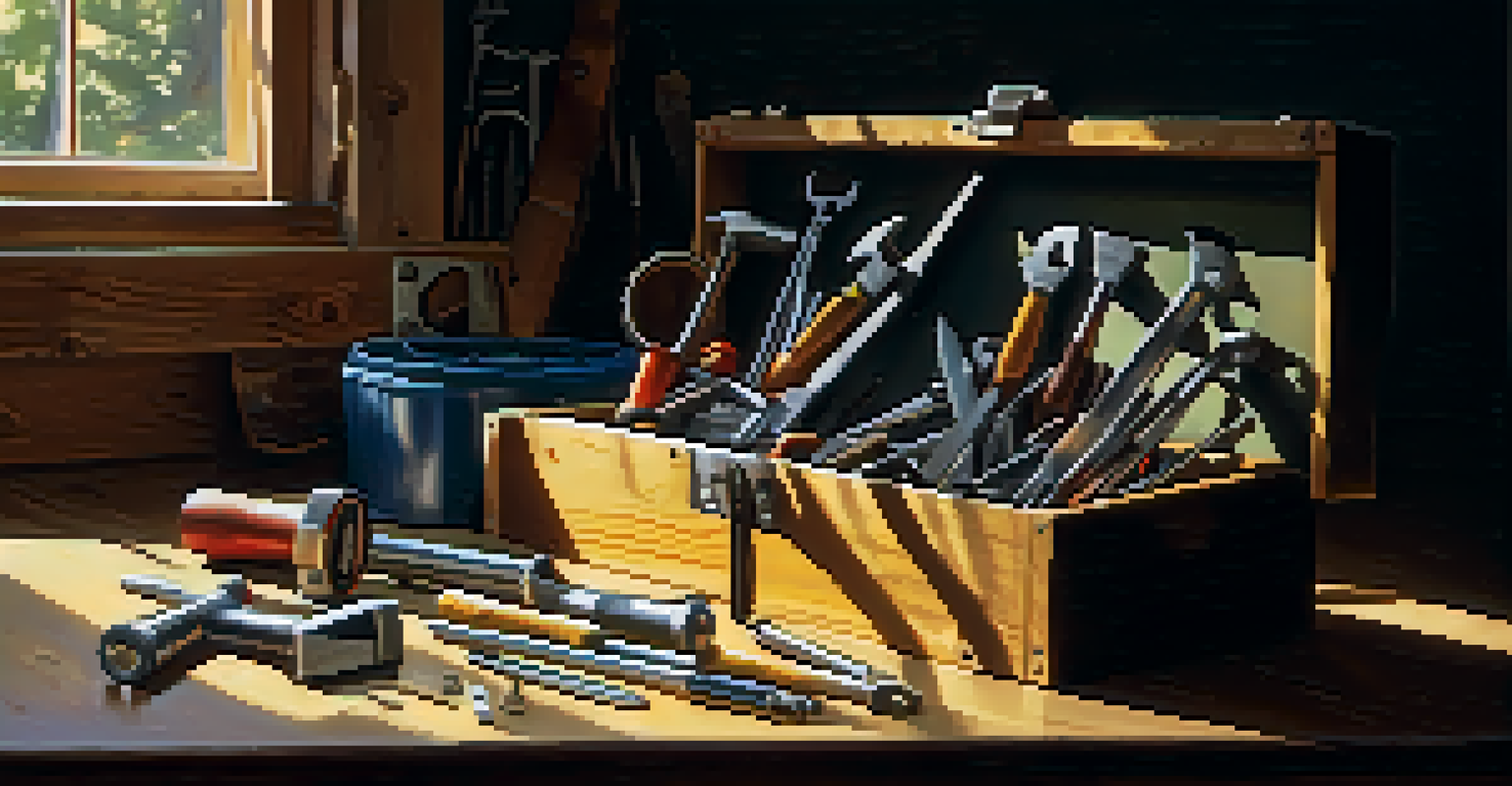 A toolbox with assorted tools on a wooden workbench illuminated by sunlight.
