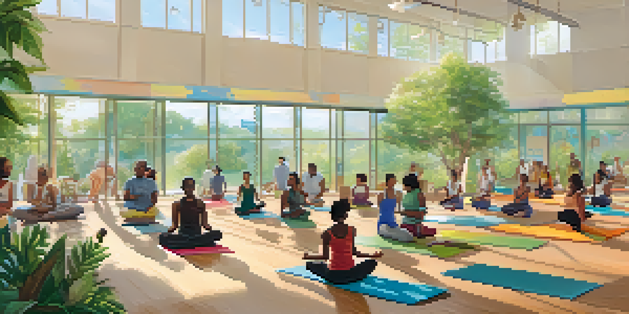 A community health center with diverse individuals participating in wellness activities such as yoga and health fairs, surrounded by greenery and bright sunlight.