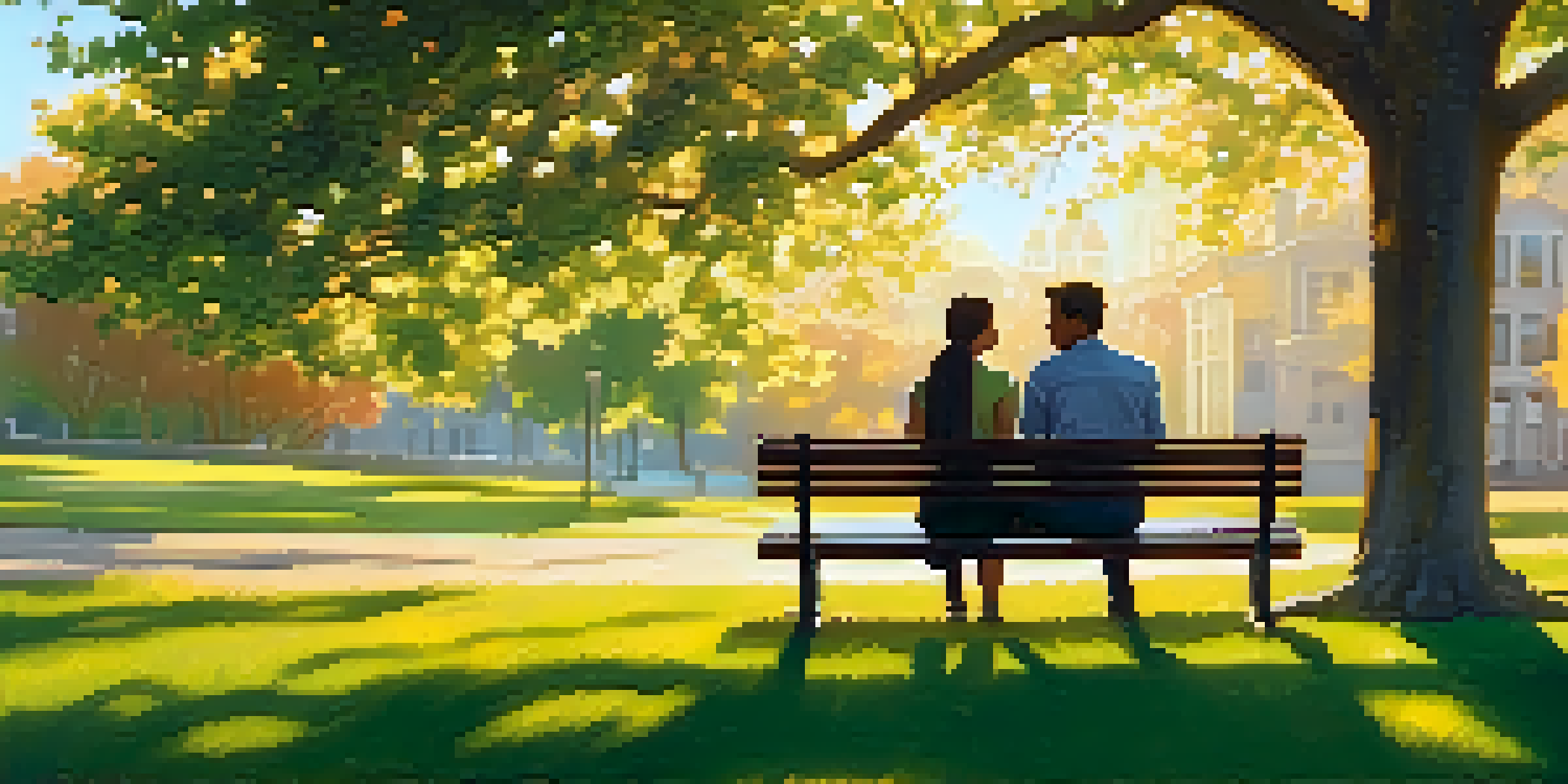 Two friends sitting on a bench in a park, having a heartfelt conversation under a large tree during sunset.