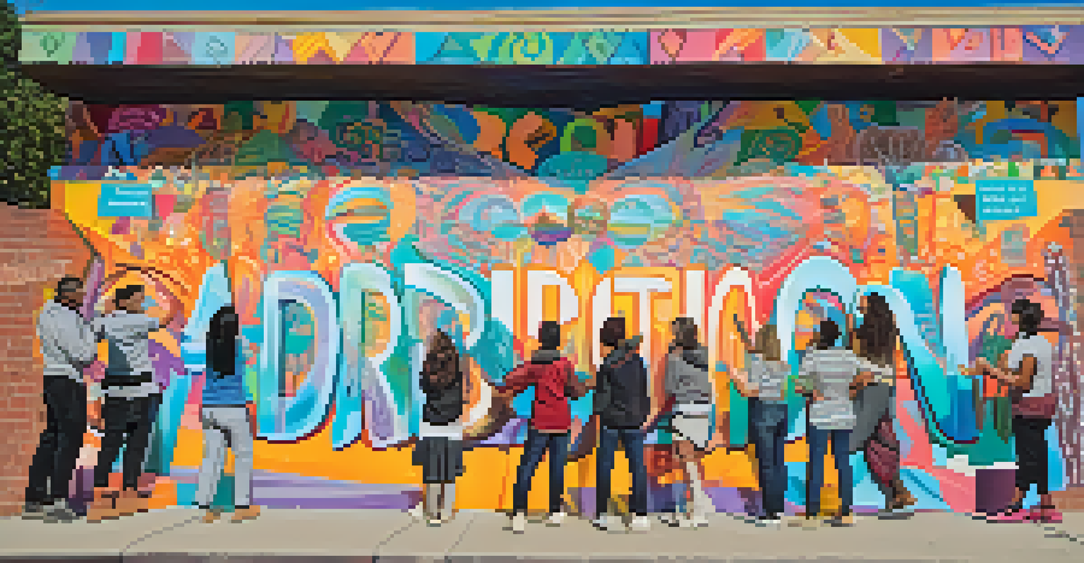 A colorful mural illustrating messages of hope and community support for addiction recovery, filled with vibrant designs and uplifting phrases.