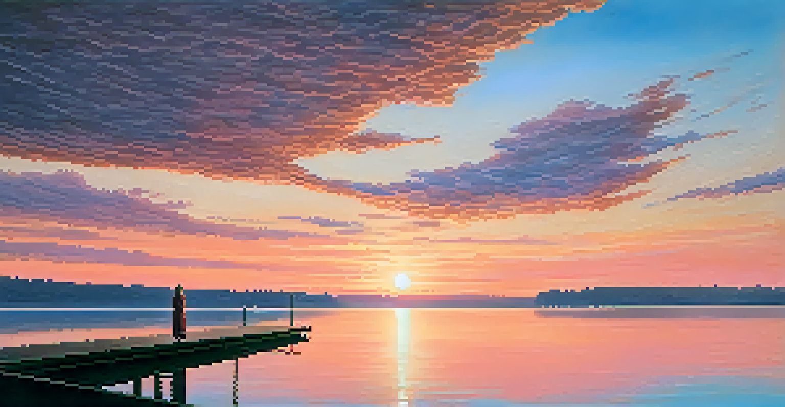 A person standing on a dock at sunrise over a lake, symbolizing hope and recovery with vibrant colors reflecting on the water.