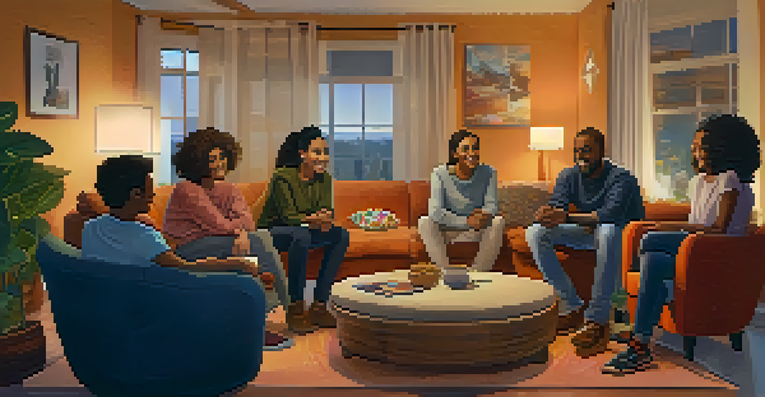 A diverse group of friends sitting in a cozy living room, sharing stories and enjoying each other's company.