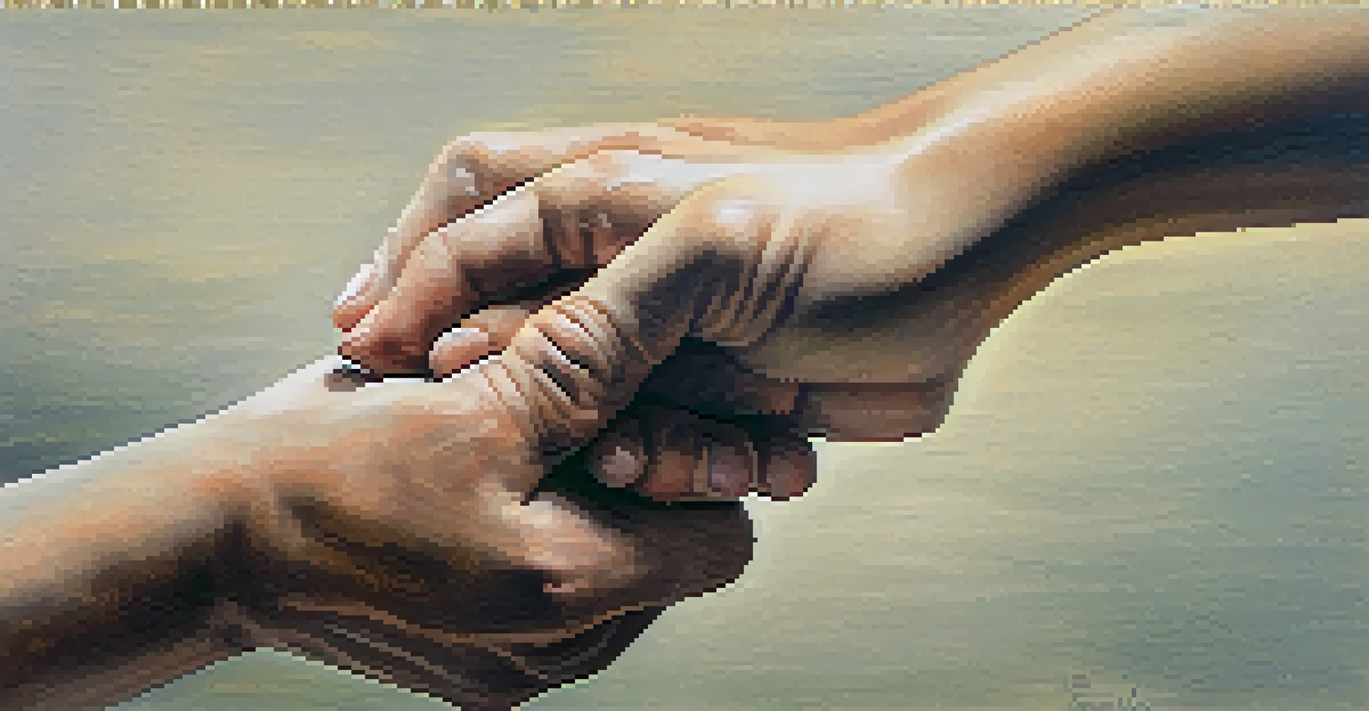 A close-up of two hands clasped together, one showing signs of wear, symbolizing support and empathy.