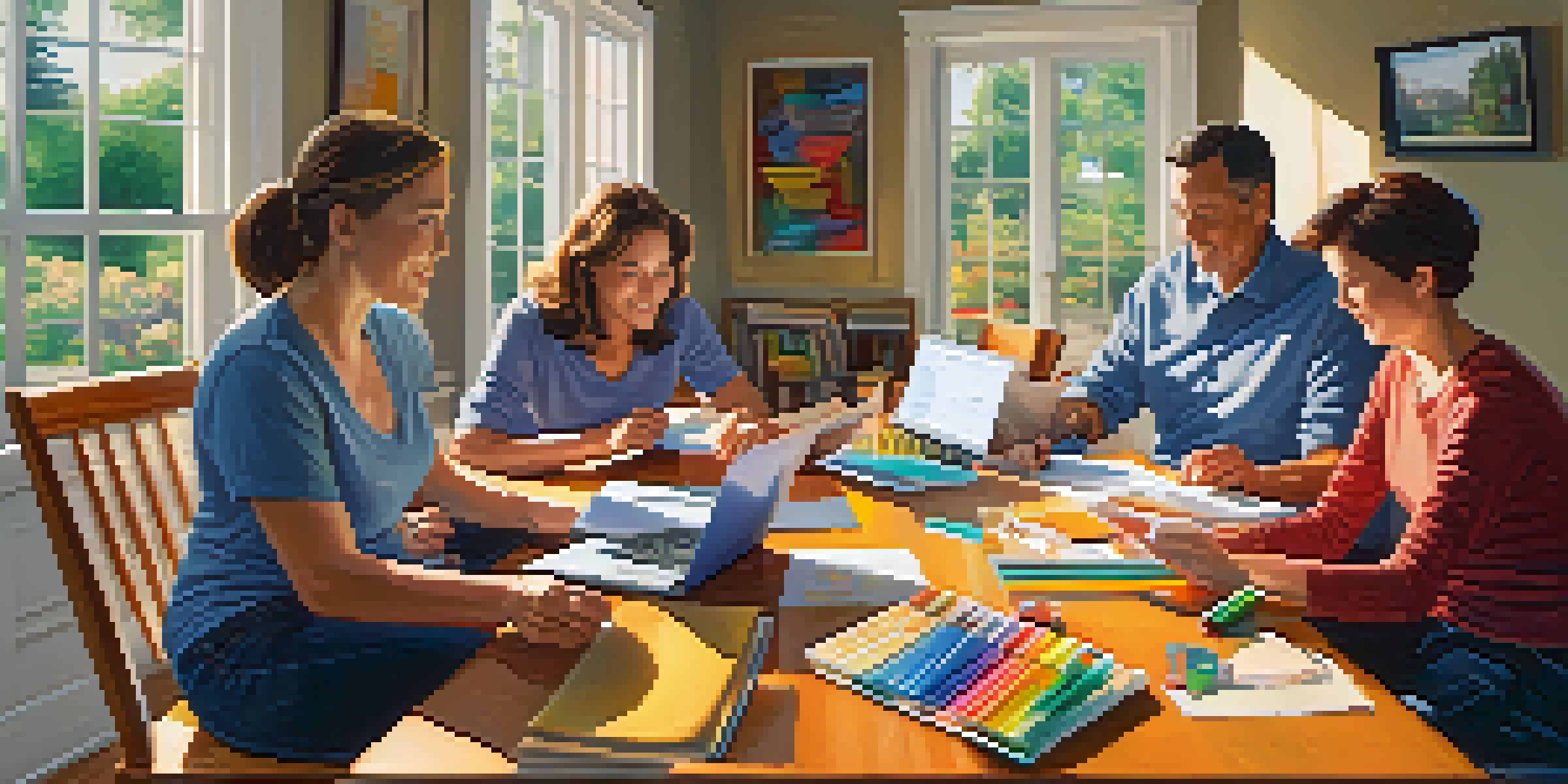 A family collaborating at a dining table with stationery, calculators, and a laptop, emphasizing teamwork in budgeting.