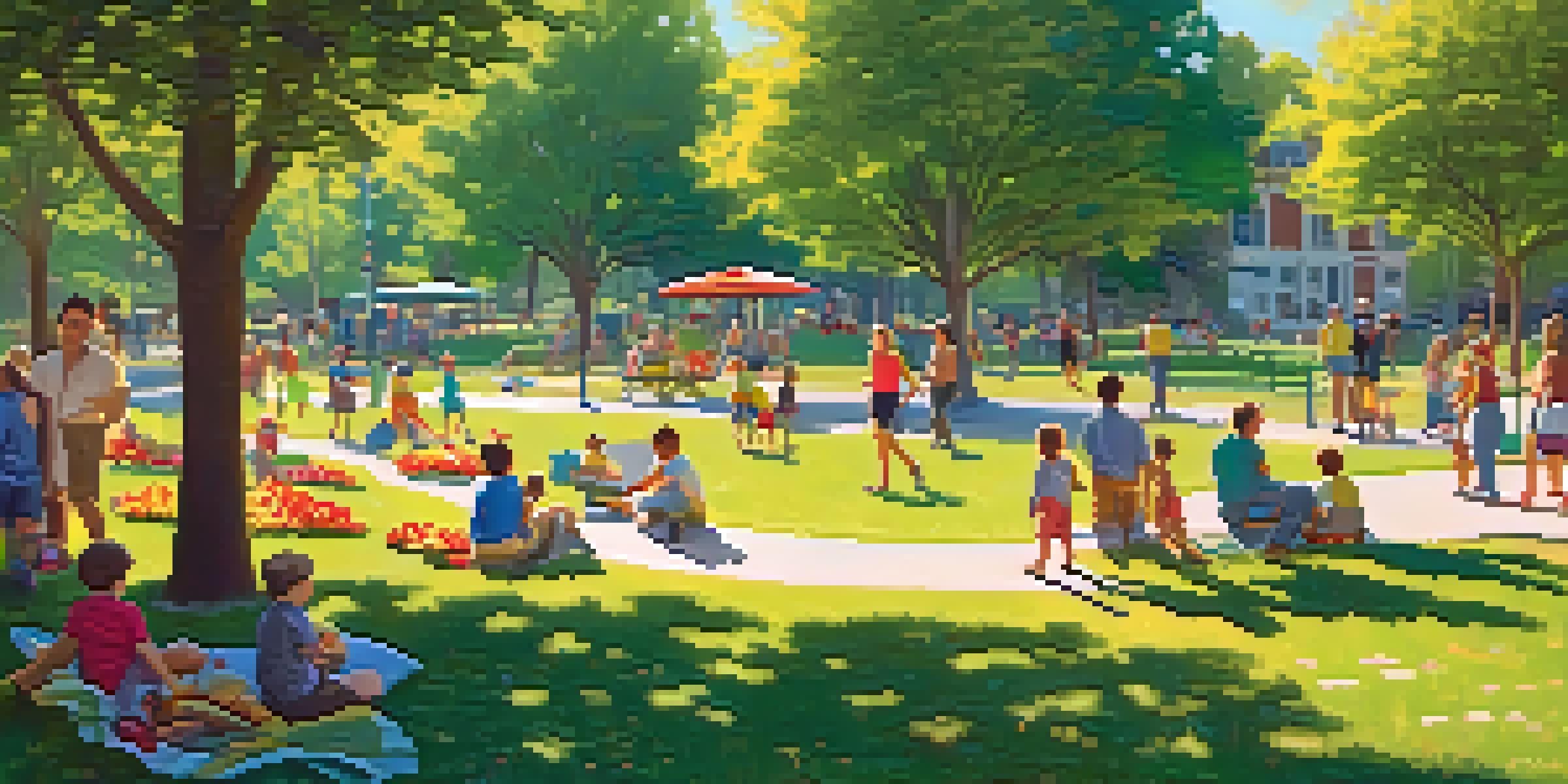 A sunny community park filled with families enjoying picnics and children playing on swings, surrounded by greenery and colorful flowers.