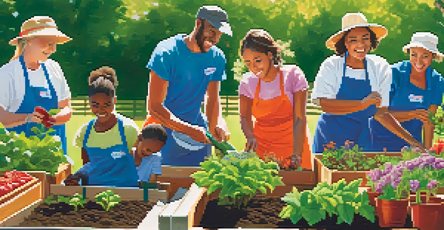 A diverse group of people volunteering in a community garden, planting together with smiles, surrounded by colorful plants and blue sky.