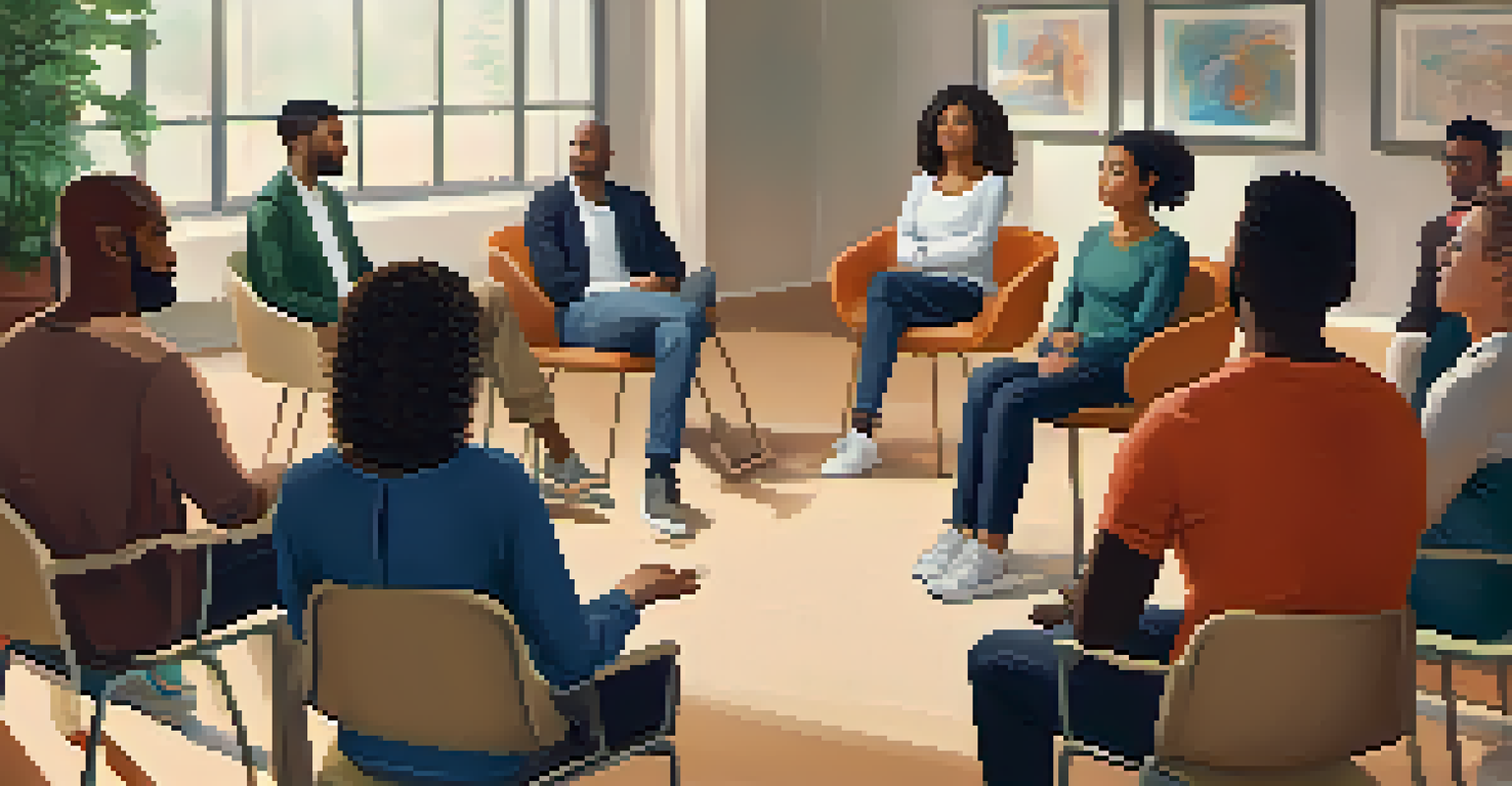 A group of diverse individuals in a circle, participating in a group therapy session, showing support and engagement with each other.