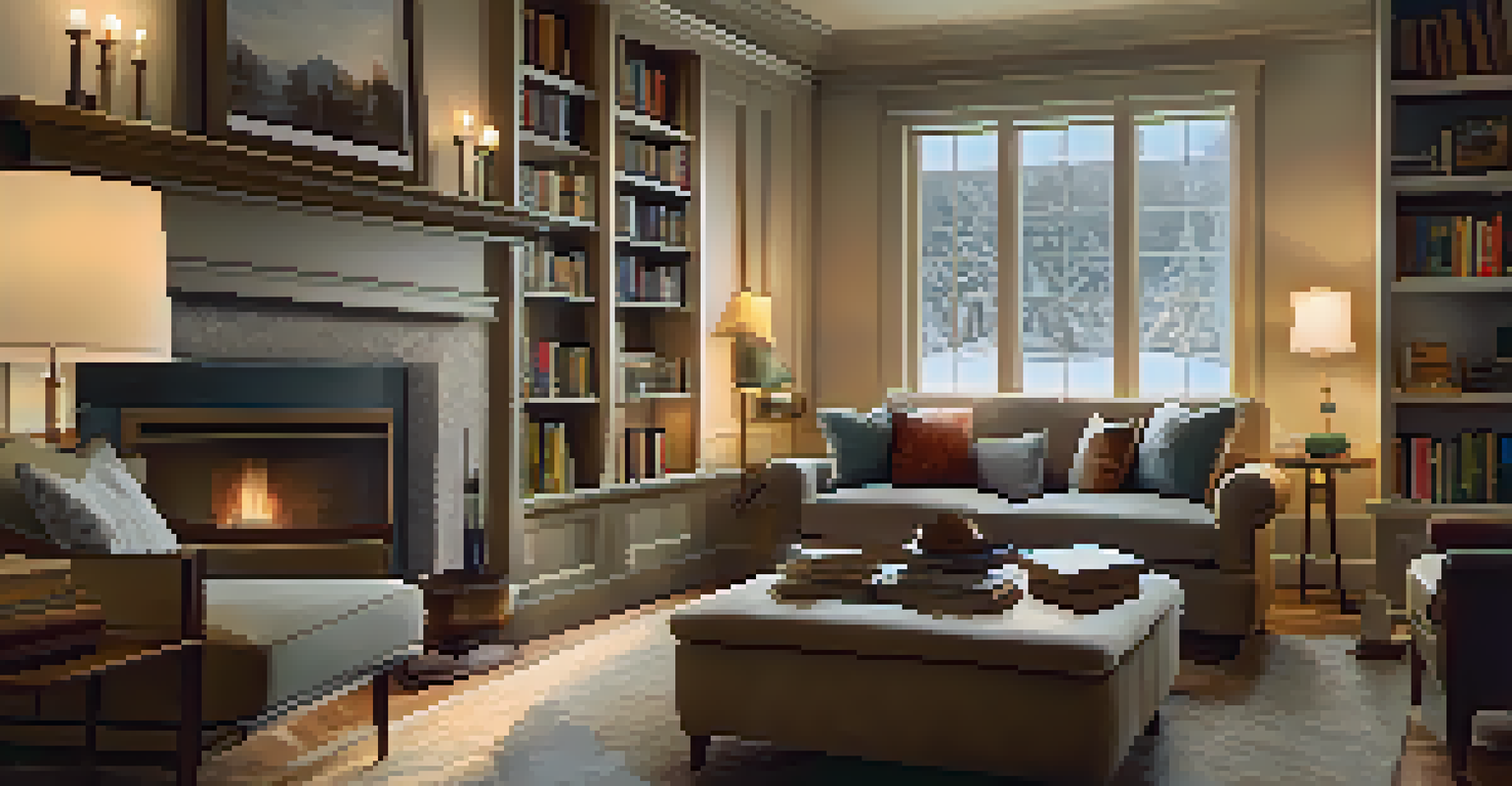 A warm and inviting living room with a fireplace and snowy view outside.