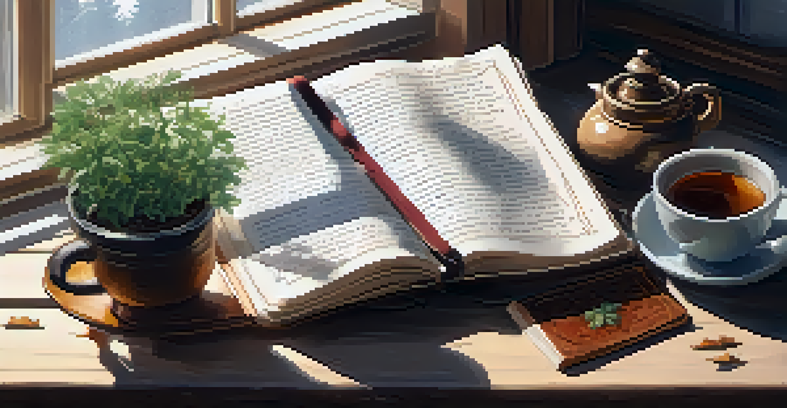 A cozy journaling setup with an open journal, a pen, and a cup of tea on a wooden table, bathed in natural light.