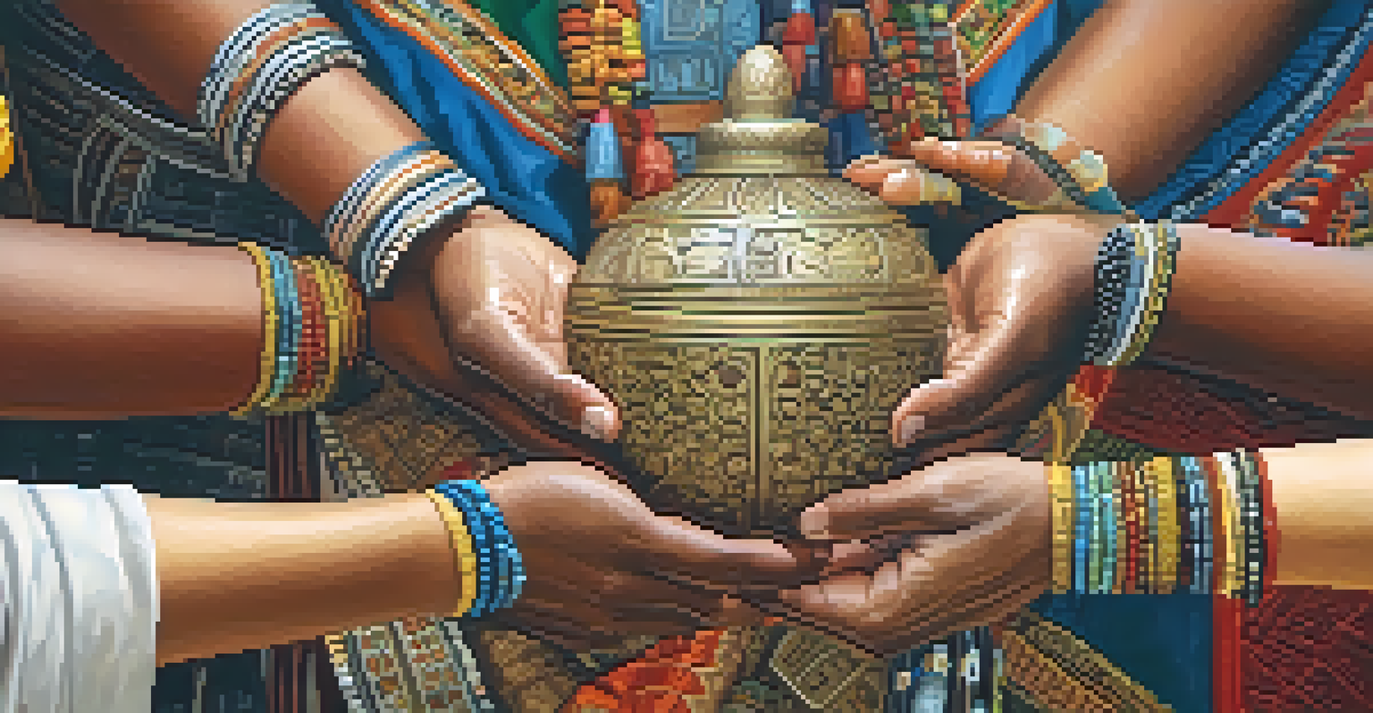 Close-up of diverse hands holding a traditional ceremonial object, symbolizing unity and cultural heritage.