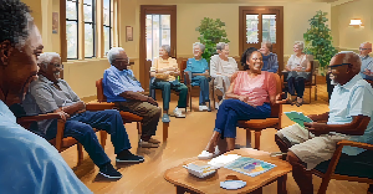 A group of older adults participating in a supportive group therapy session in a community center, with a facilitator leading the discussion.