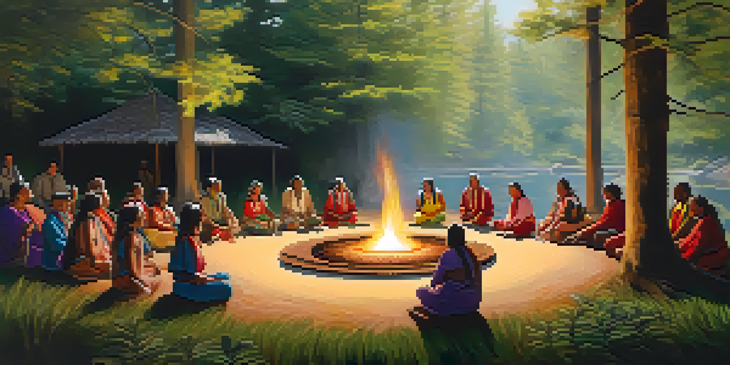 A traditional Indigenous healing ceremony with an elder guiding a circle of individuals in a lush green setting with sunlight filtering through the trees.