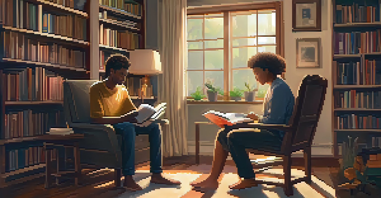 A mentor and mentee having a conversation in a cozy room filled with books, emphasizing emotional support.