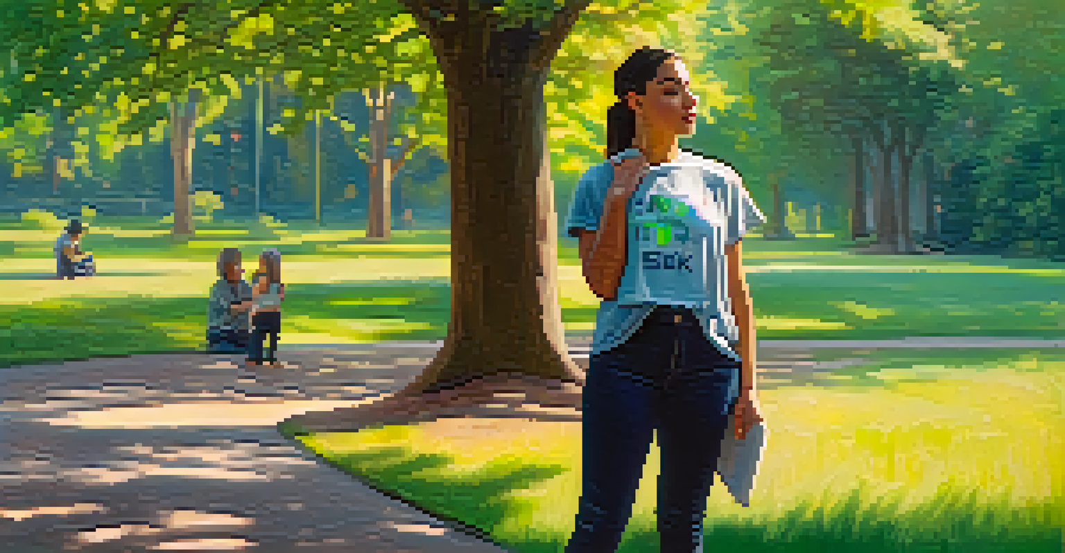 An LGBTQ+ individual in a park holding a sign that promotes seeking help, surrounded by beautiful greenery and sunlight.