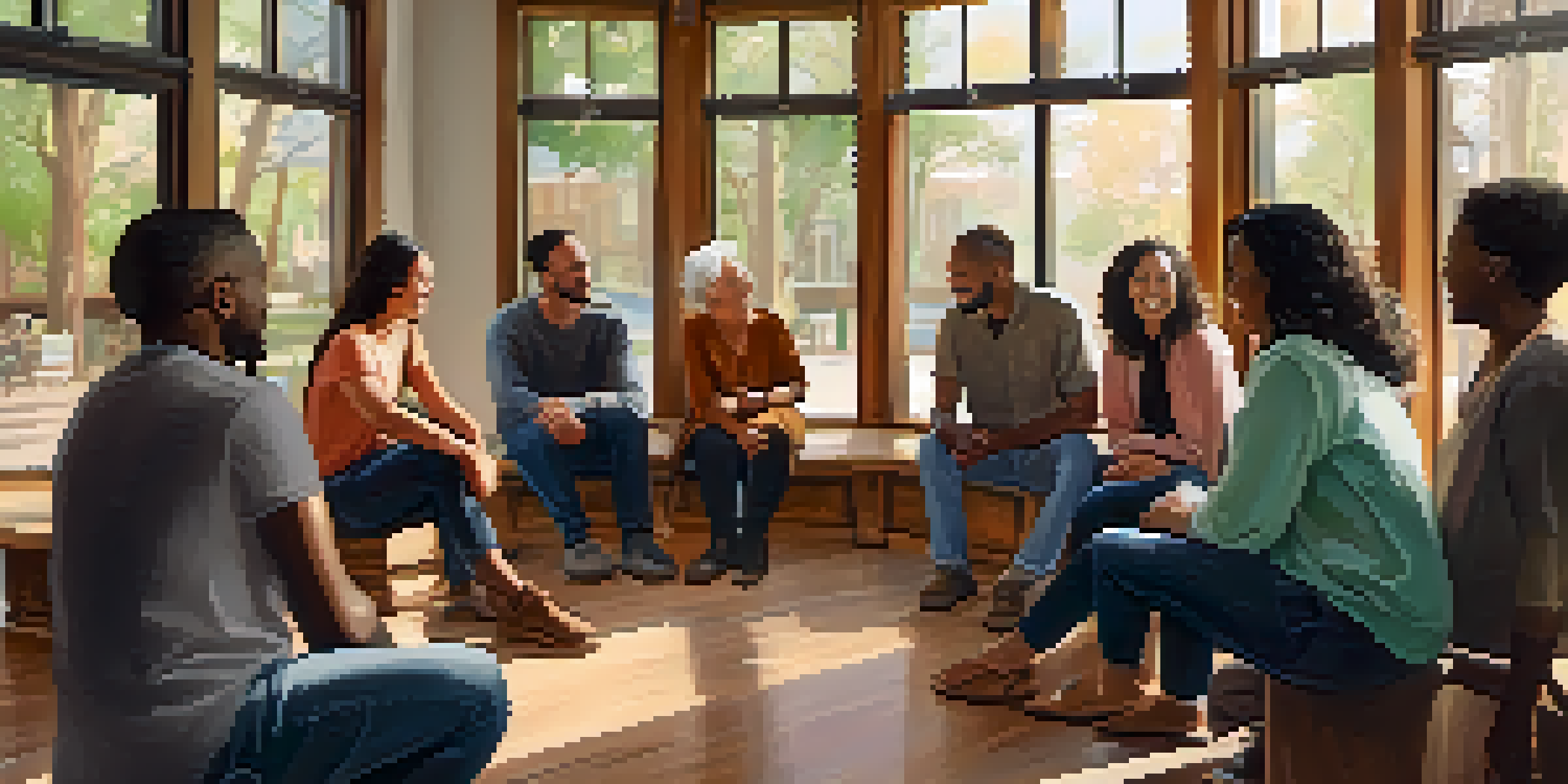 A diverse group of people of various ages sitting in a circle in a community space, sharing supportive conversation about recovery from addiction.
