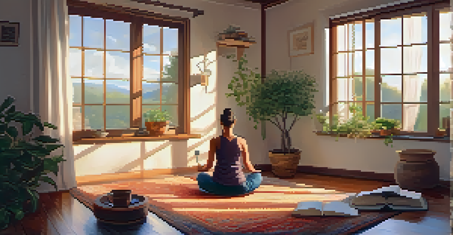 A person meditating in a cozy room, with a journal and tea beside them, creating a calm atmosphere.