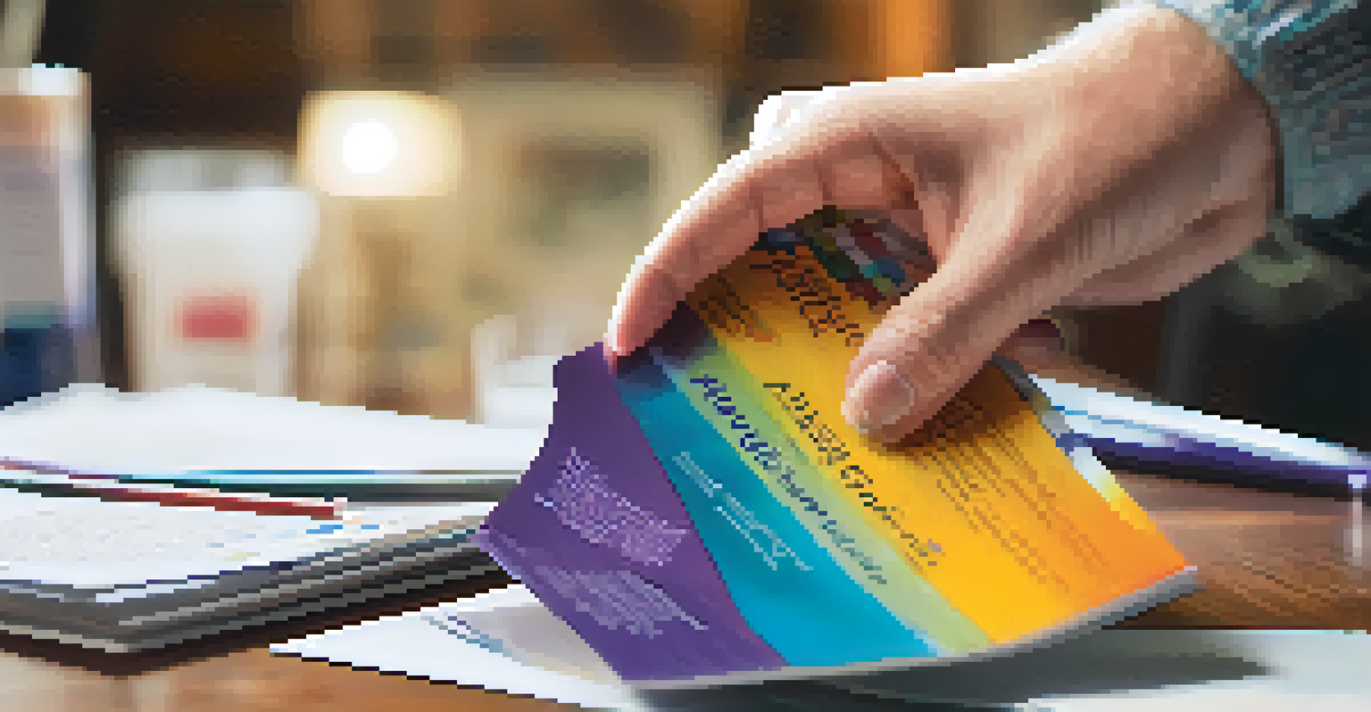 A hand reaching for a colorful pamphlet about addiction support on a desk in an office.