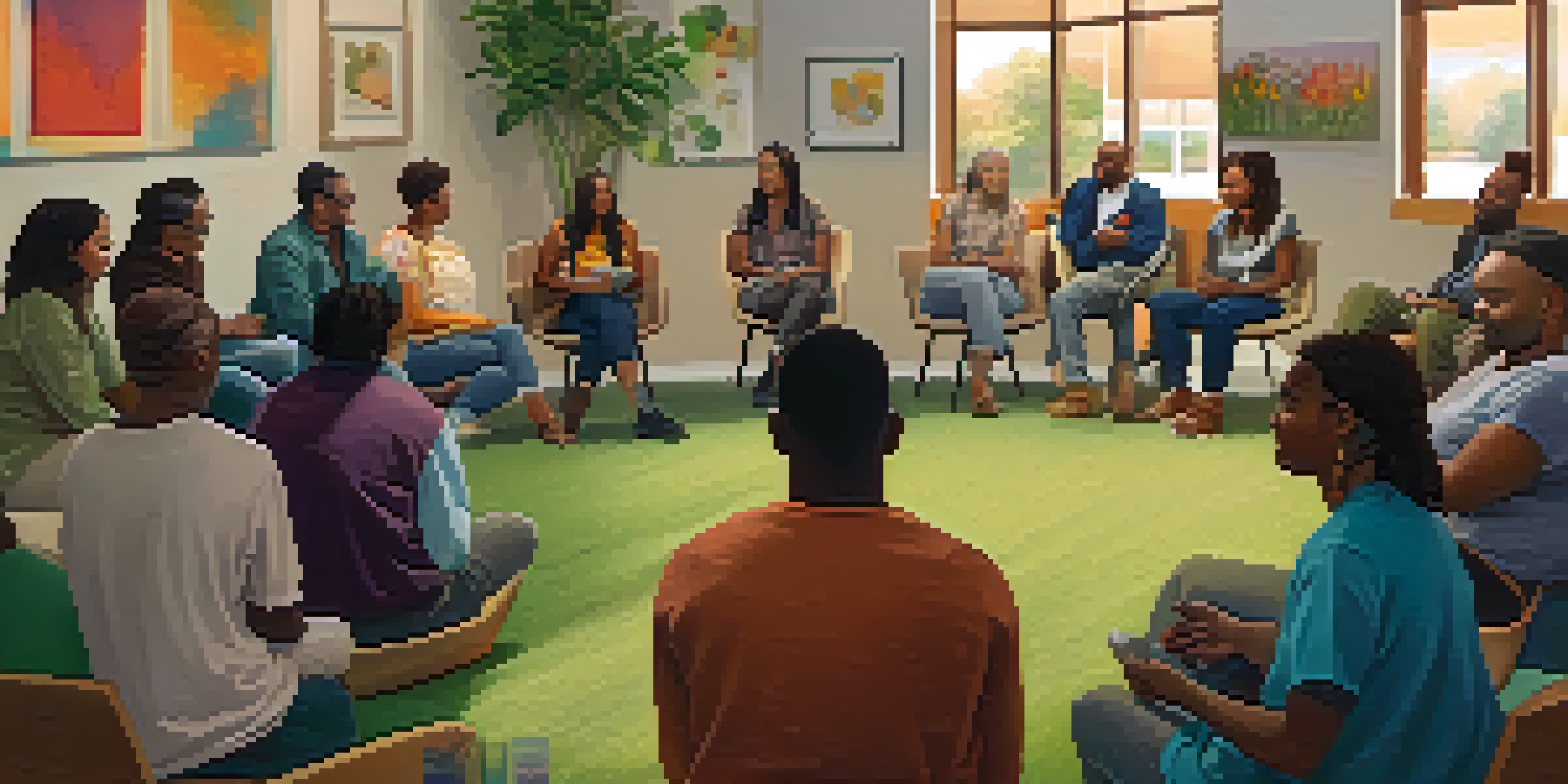 A diverse group of people sitting in a circle in a cozy community center, engaged in a support group meeting, surrounded by colorful artwork and plants.