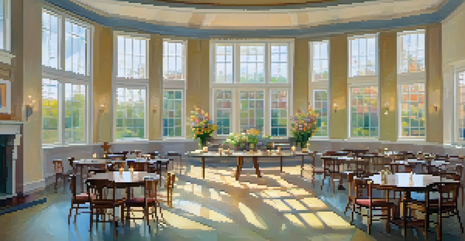 A bright and inviting community room with chairs in a circle, candles, and flowers, indicating a supportive gathering space.