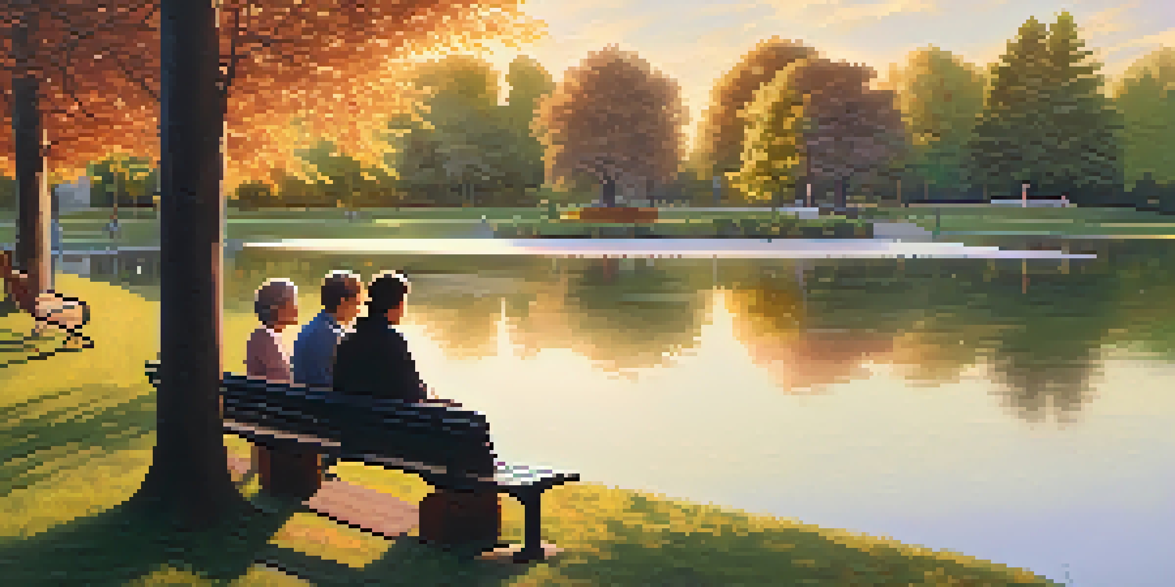 A peaceful park at sunrise, featuring a diverse group of people engaging in conversation and reading, surrounded by trees and blooming flowers.