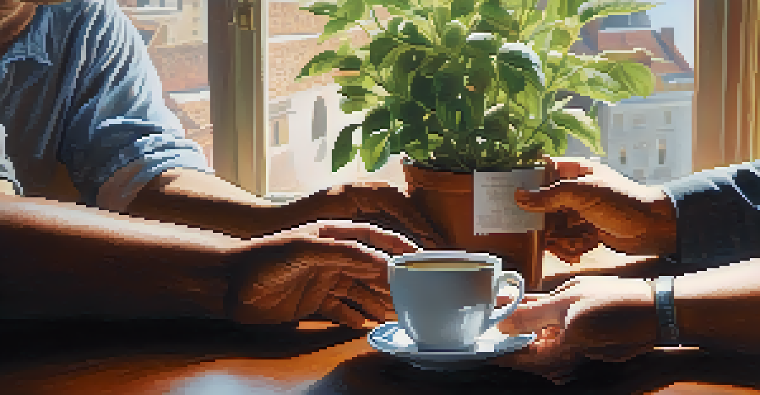Close-up of hands holding a coffee cup in a support group meeting setting.