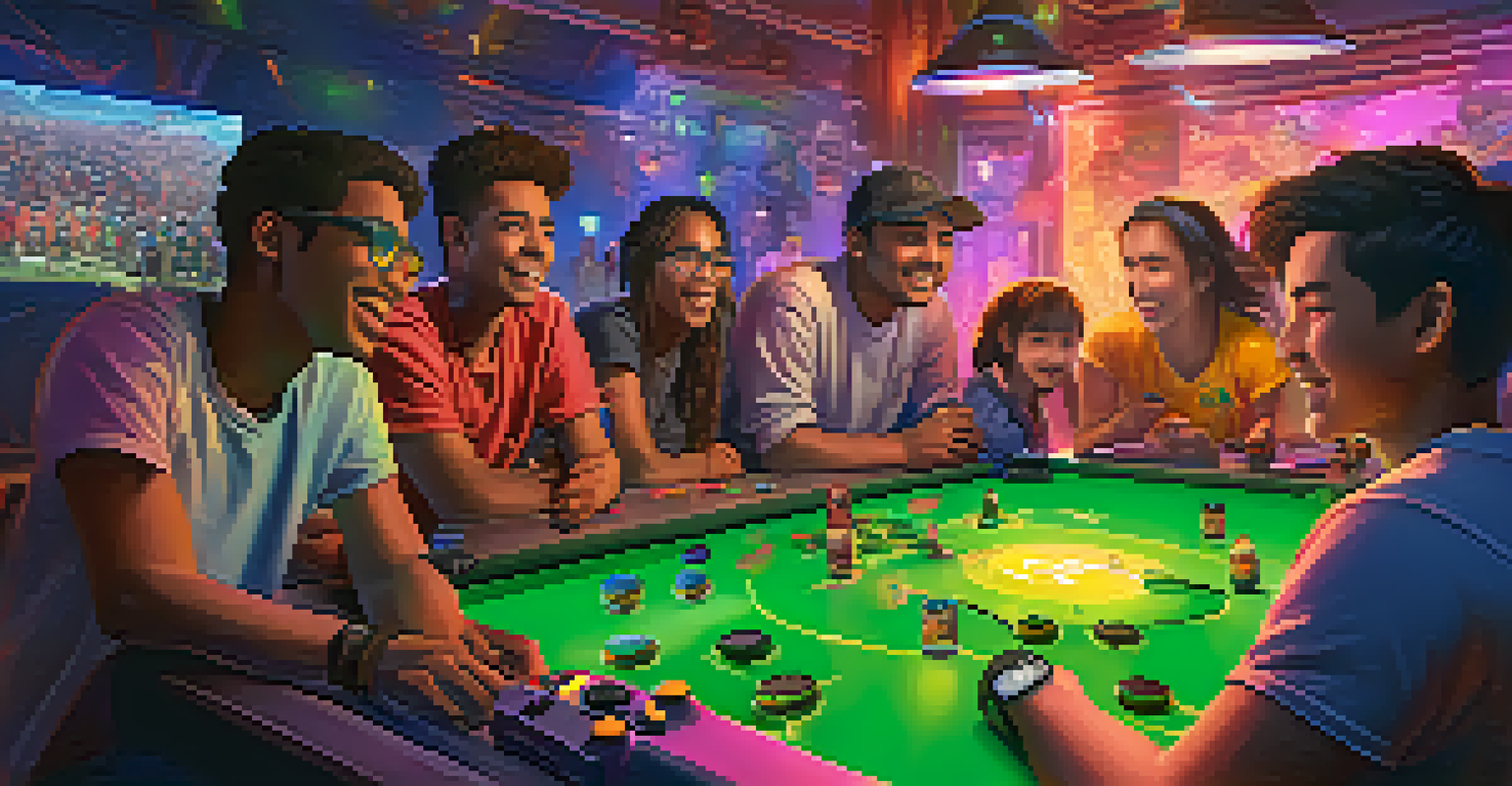 A diverse group of players enjoying a multiplayer gaming session, surrounded by colorful LED lights and a supportive atmosphere.
