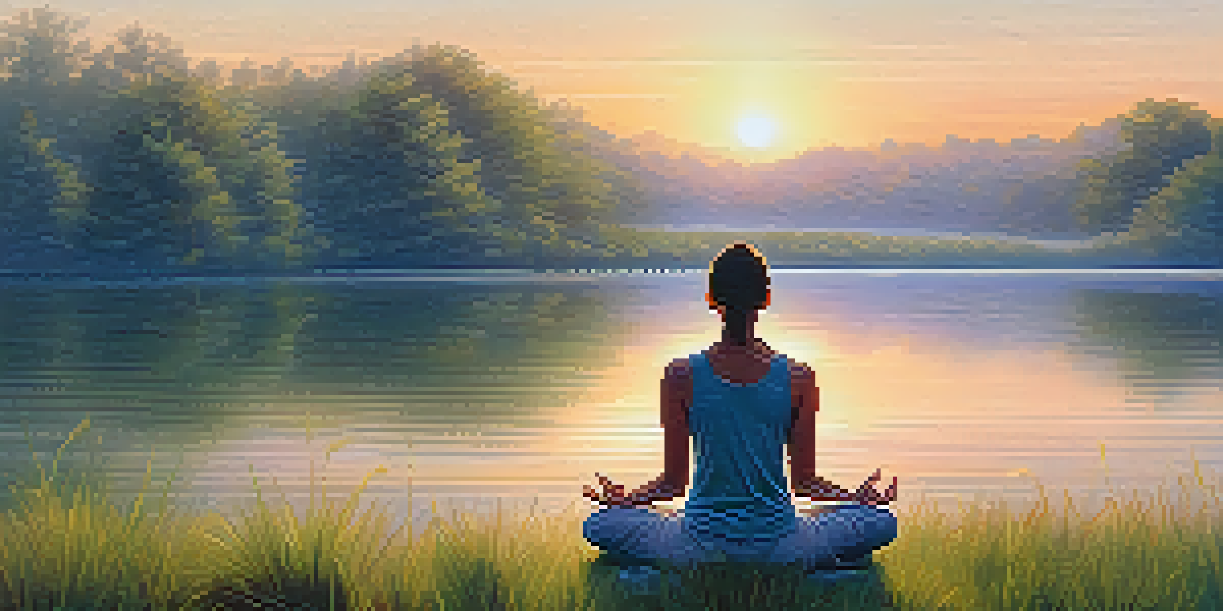 A person meditating by a peaceful lake during sunrise, surrounded by green trees and mist rising from the water.