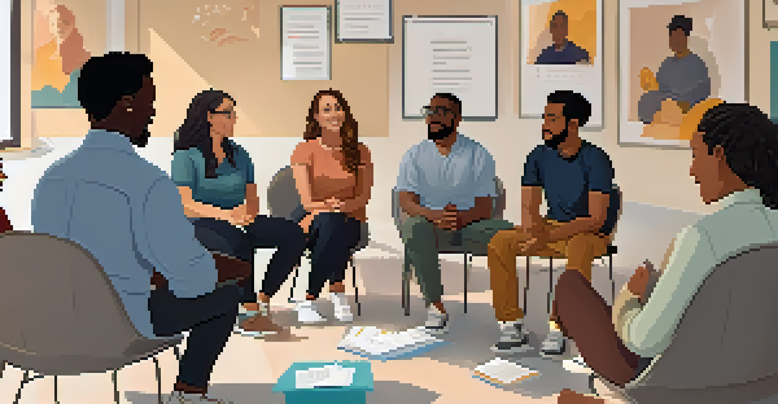 A diverse support group in a warm room, sitting in a circle and discussing mental health and addiction.
