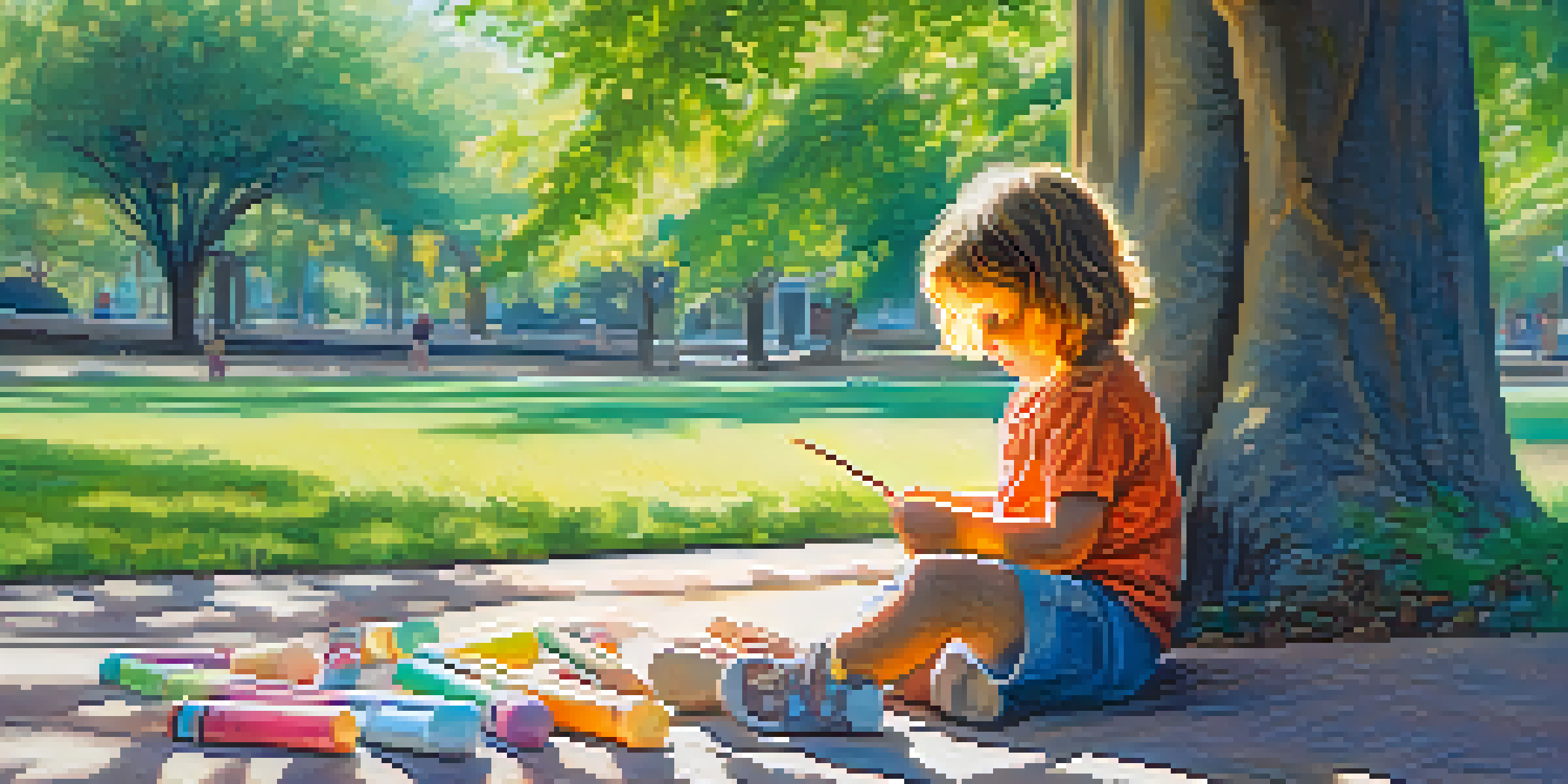 A young child drawing with chalk on a sidewalk under a large tree in a sunny park, surrounded by flowers and green grass.