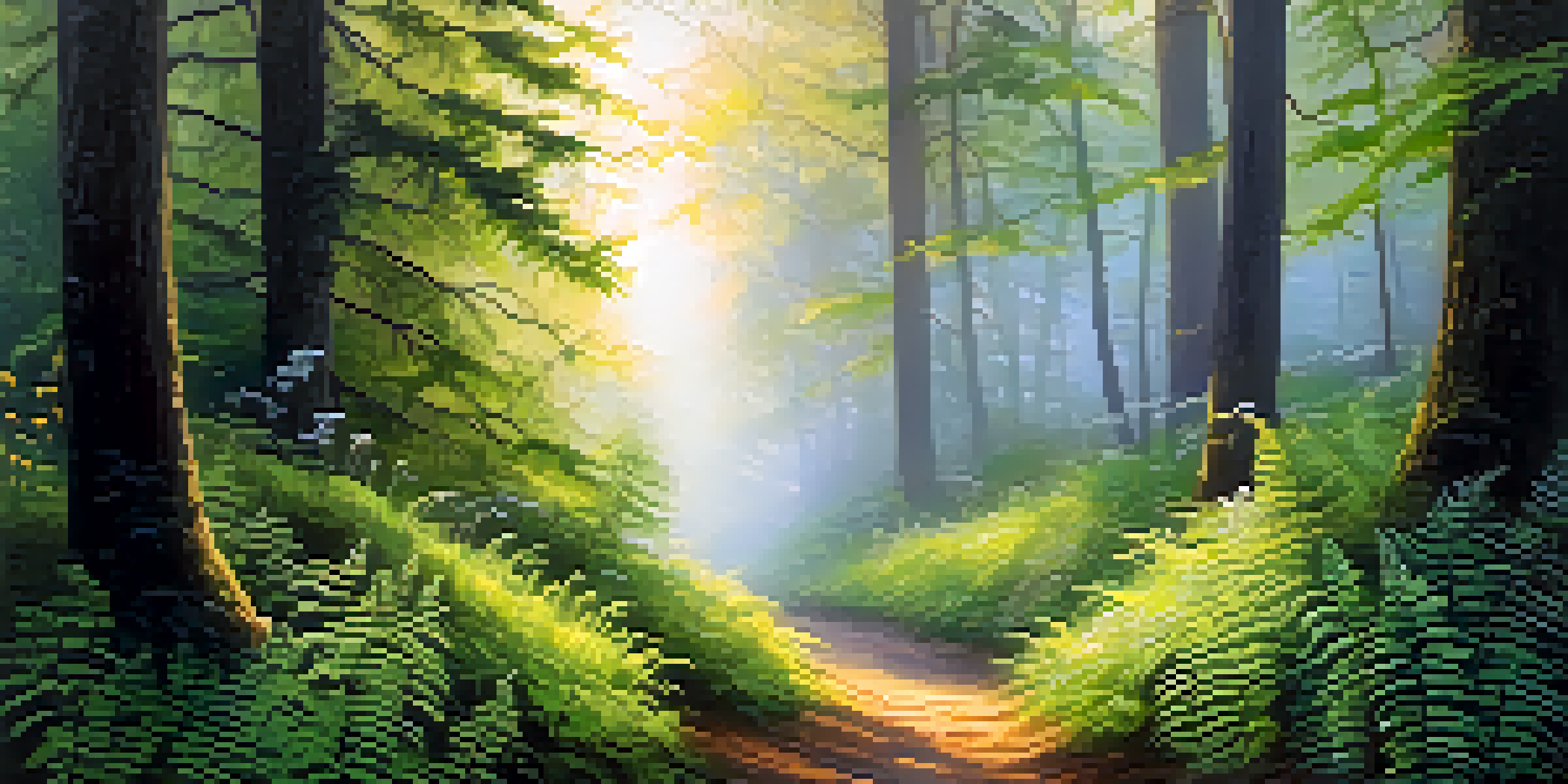 A peaceful forest at sunrise with golden light, a winding path, and misty air.