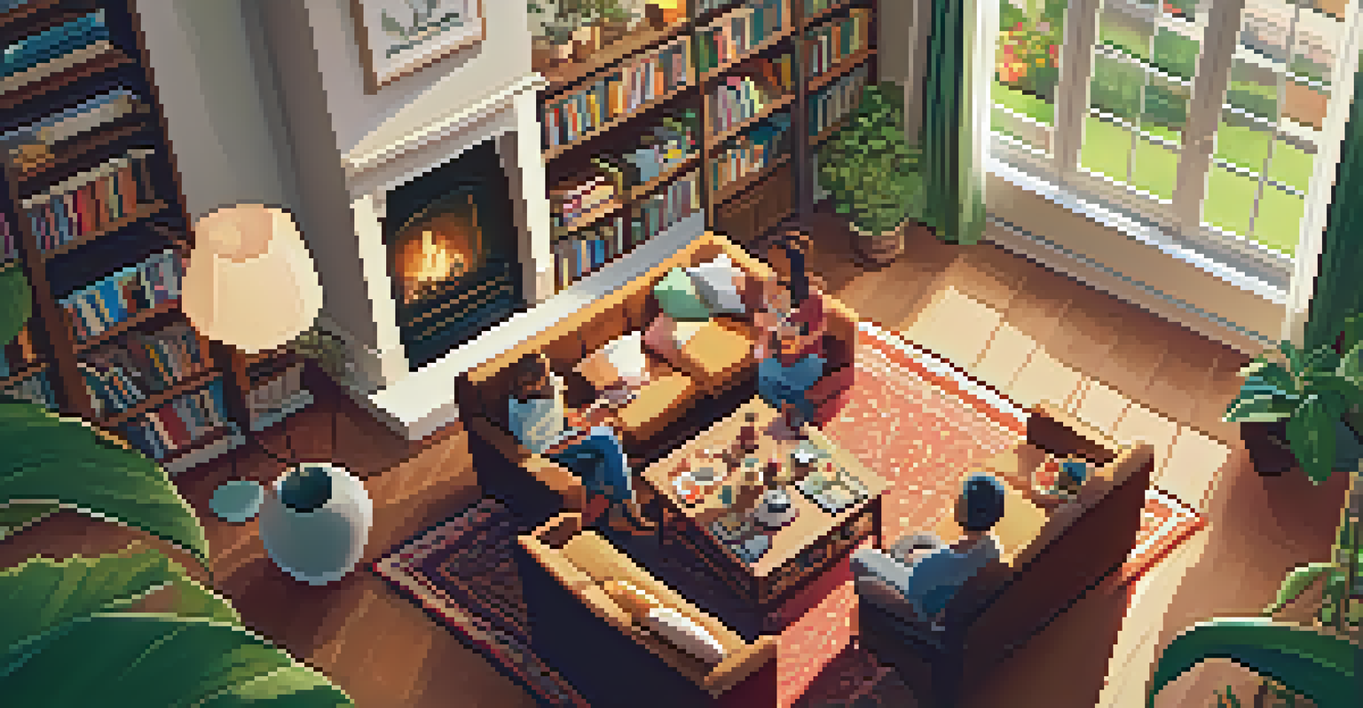 A family gathered in a cozy living room playing board games around a coffee table, with warm lighting and a garden view outside.