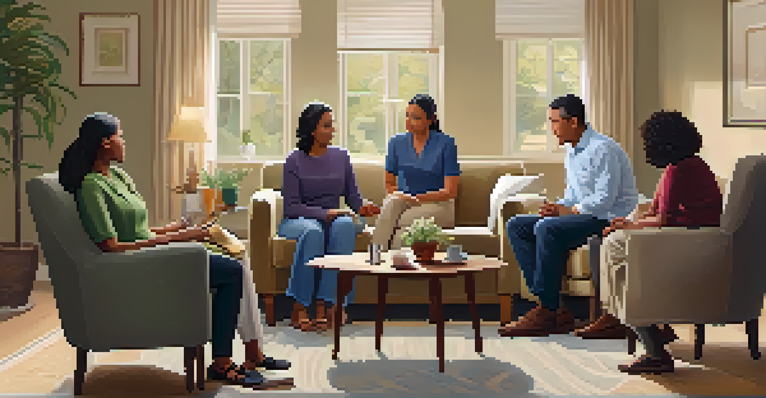 A family therapy session with members engaged in discussion, fostering a supportive environment.